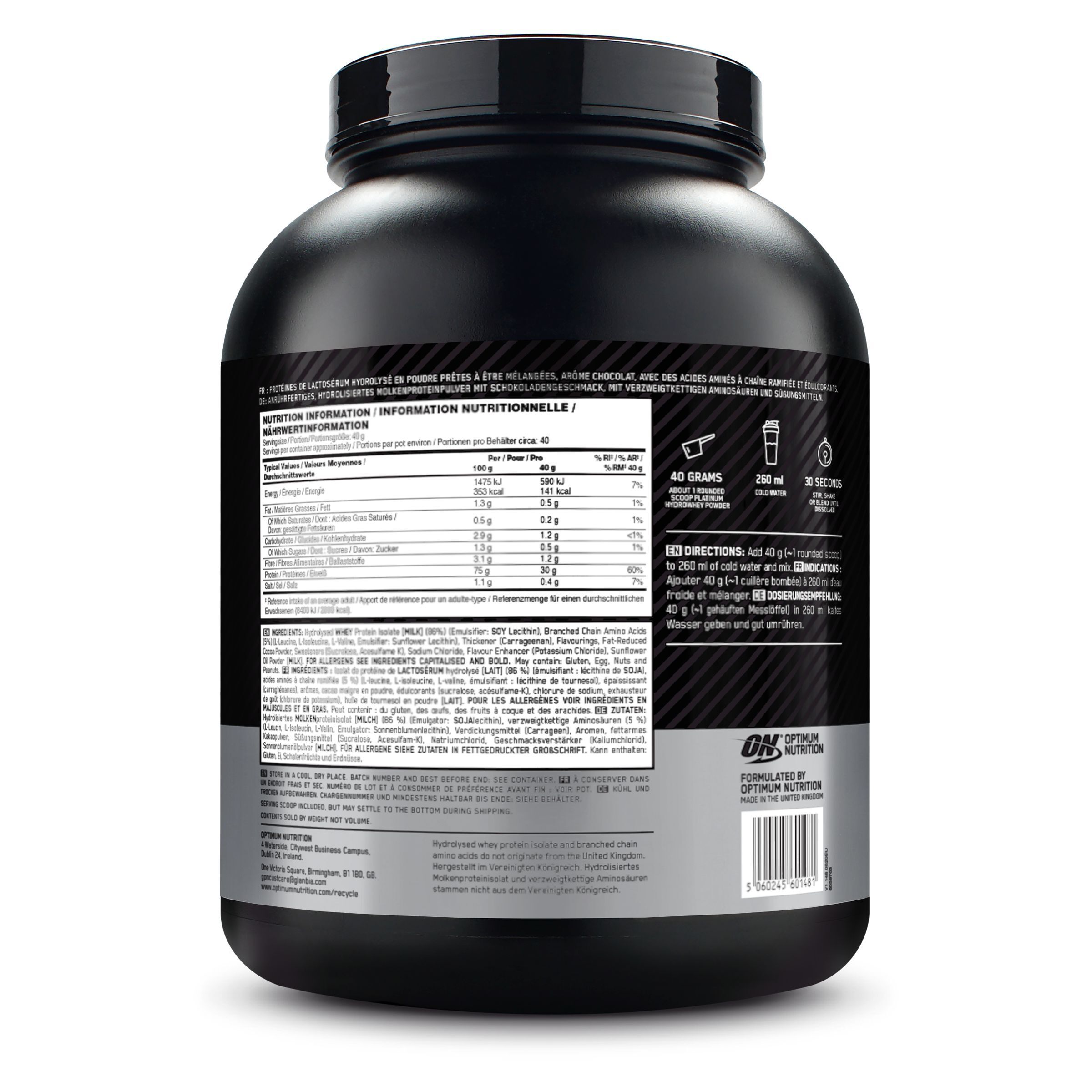 Retro del barattolo nero Optimum Nutrition Platinum Hydro Whey. Informazioni nutrizionali e istruzioni.