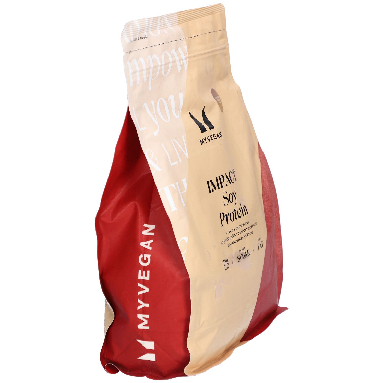 Confezione di Soy Protein Isolate, vista laterale. Scritta: Soy Protein Isolate. Confezione verde-marrone con zip.