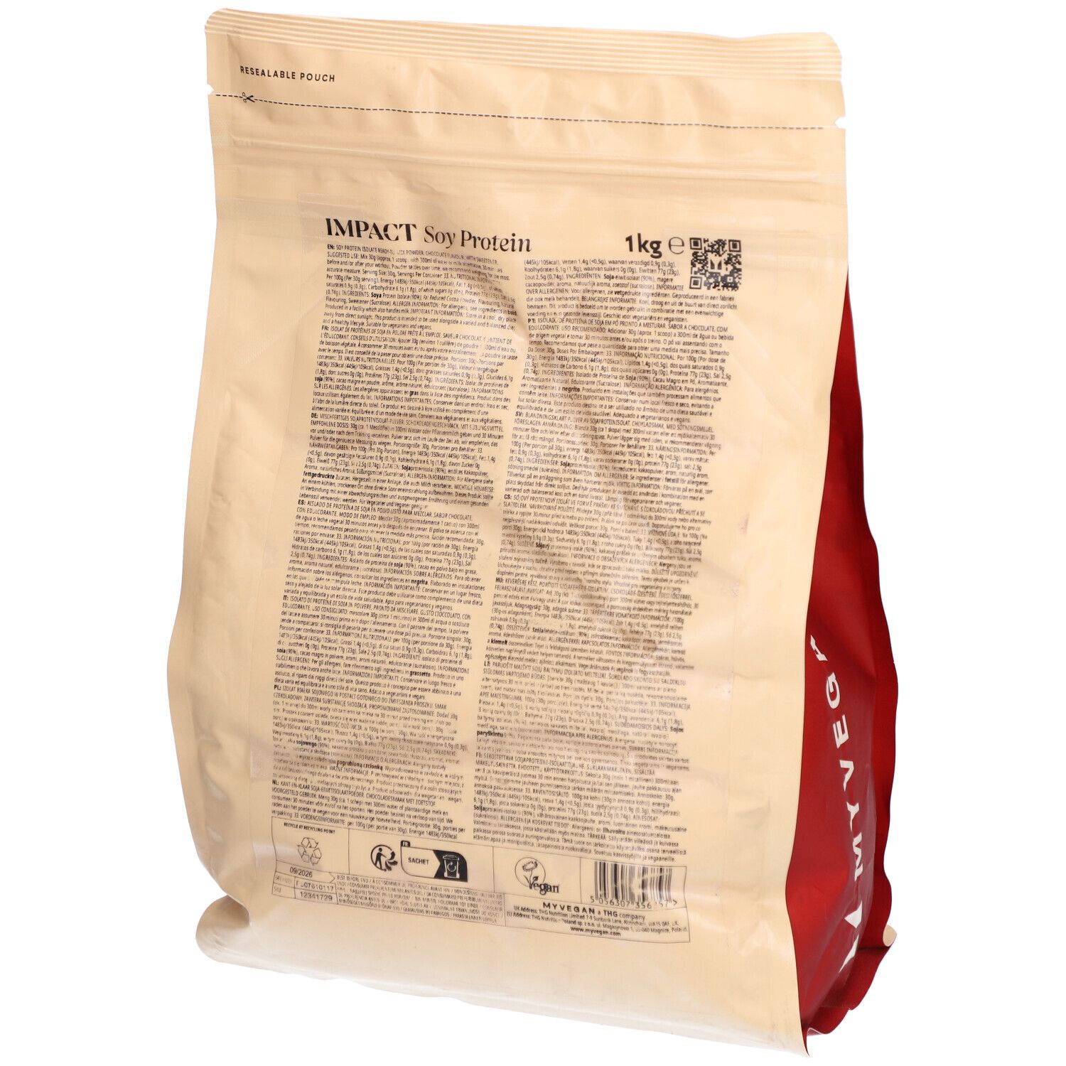Retro della confezione di Soy Protein Isolate. Contiene informazioni nutrizionali e ingredienti. 1 kg. Confezione verde-marrone.