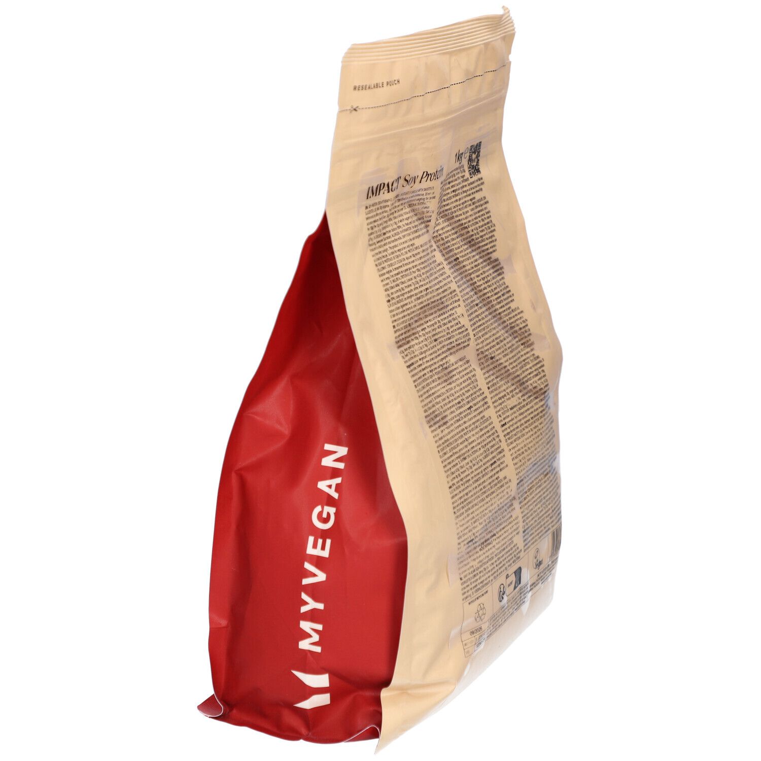 Retro della confezione di Soy Protein Isolate. Contiene informazioni nutrizionali. Confezione verde-marrone con zip.