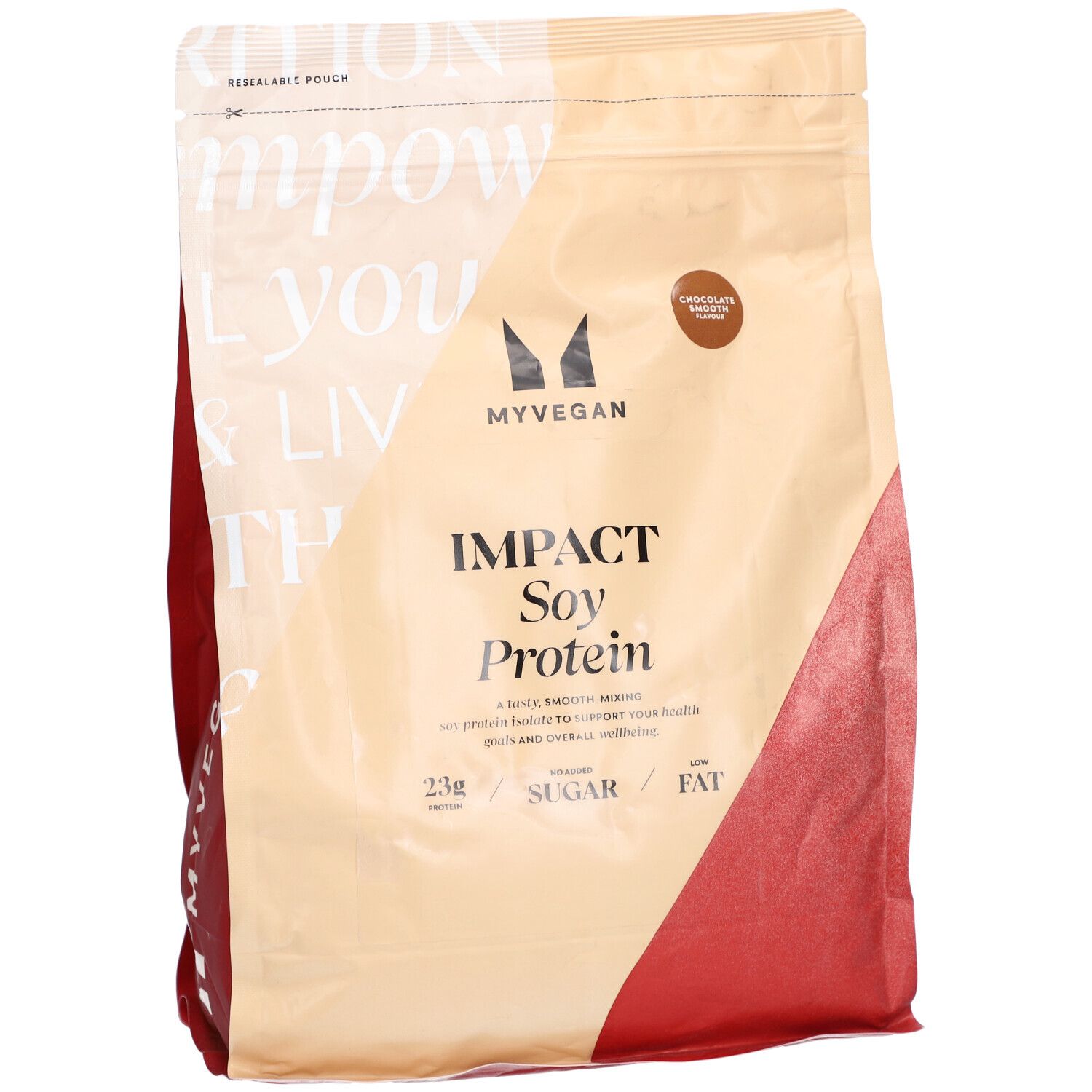 Confezione di Soy Protein Isolate. Scritta: Myvegan, Soy Protein Isolate, Chocolate Smooth. Confezione verde-marrone.