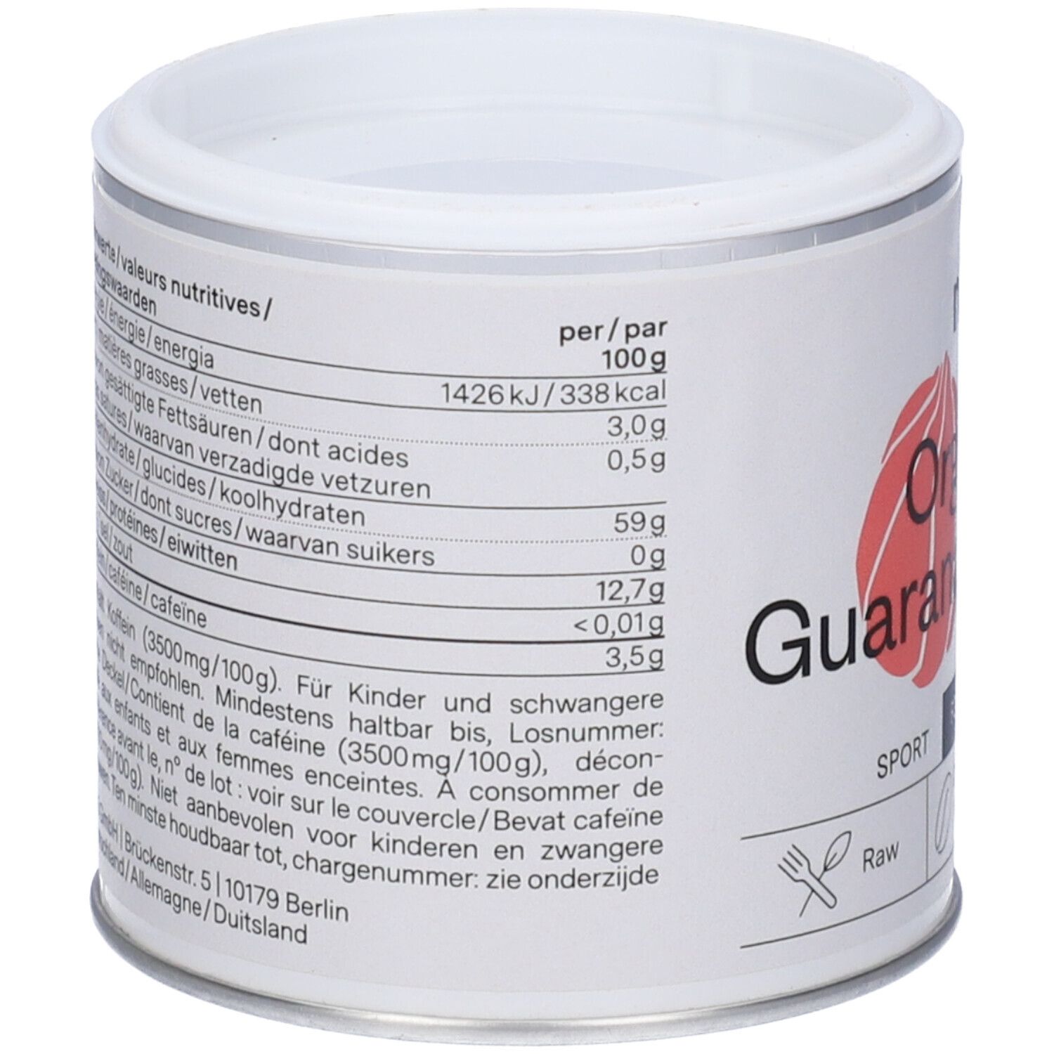 Retro del barattolo con informazioni nutrizionali e ingredienti. Testo in tedesco, francese e olandese. Con marchio bio.