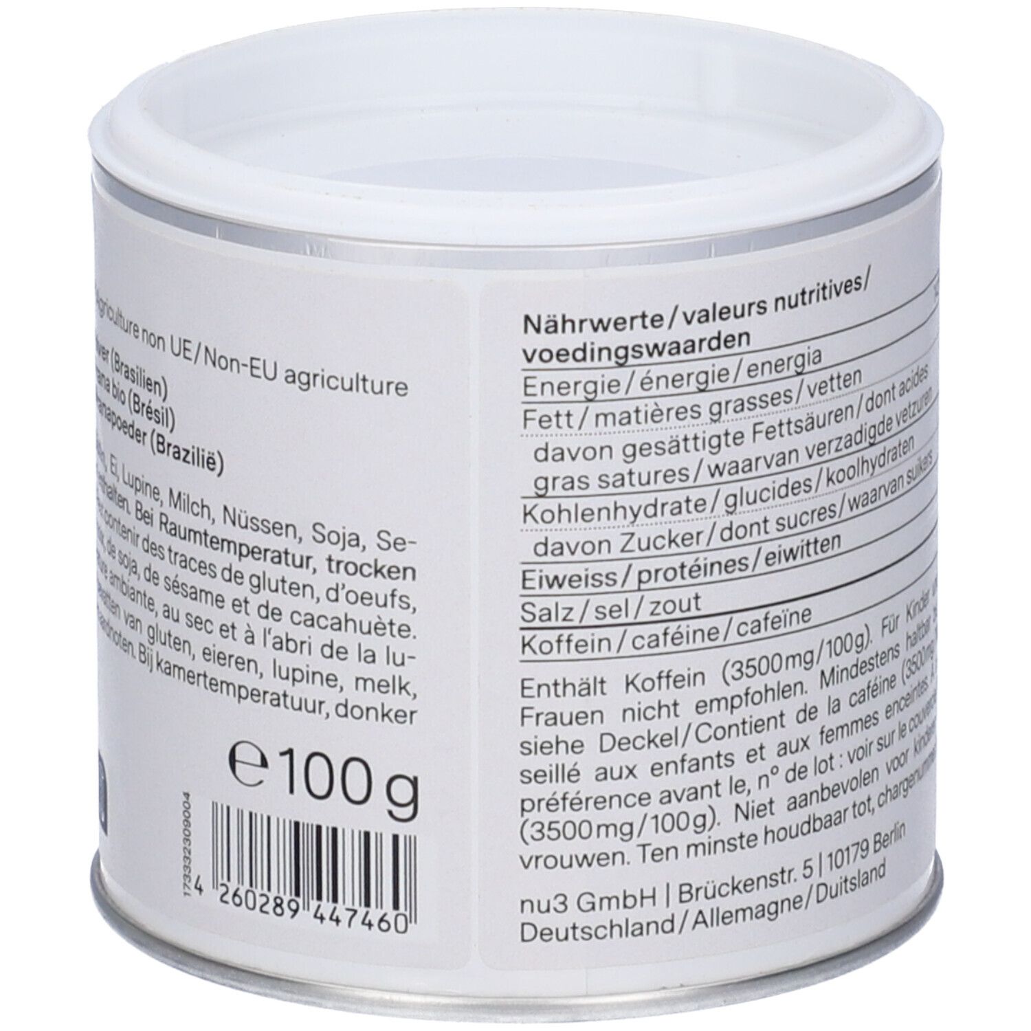 Retro del barattolo con informazioni nutrizionali e ingredienti. Testo in tedesco, francese e olandese. Con marchio bio.