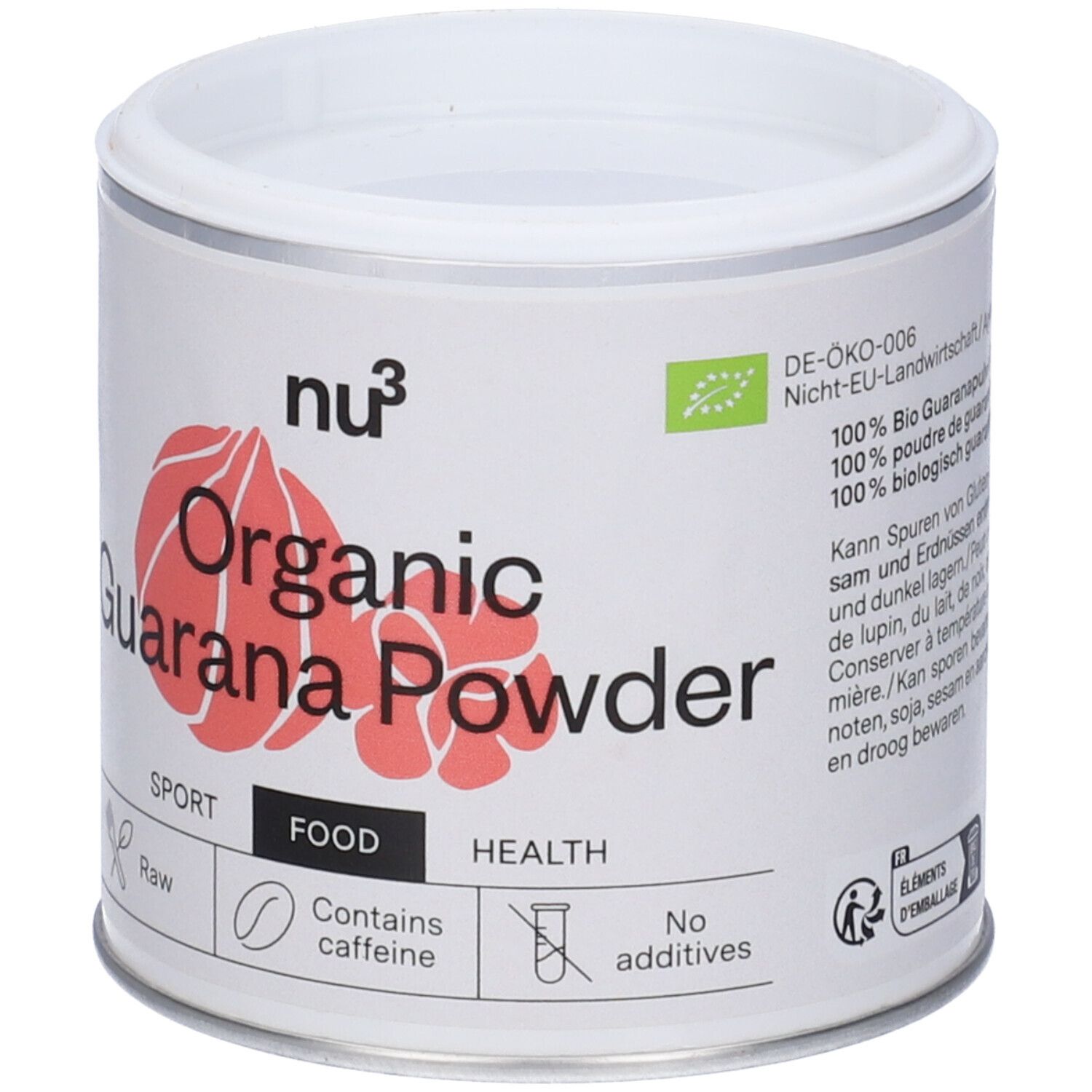 Barattolo bianco con logo Guarana Powder rosso. Scritta: Organic Guarana Powder, contiene caffeina. Con marchio bio.