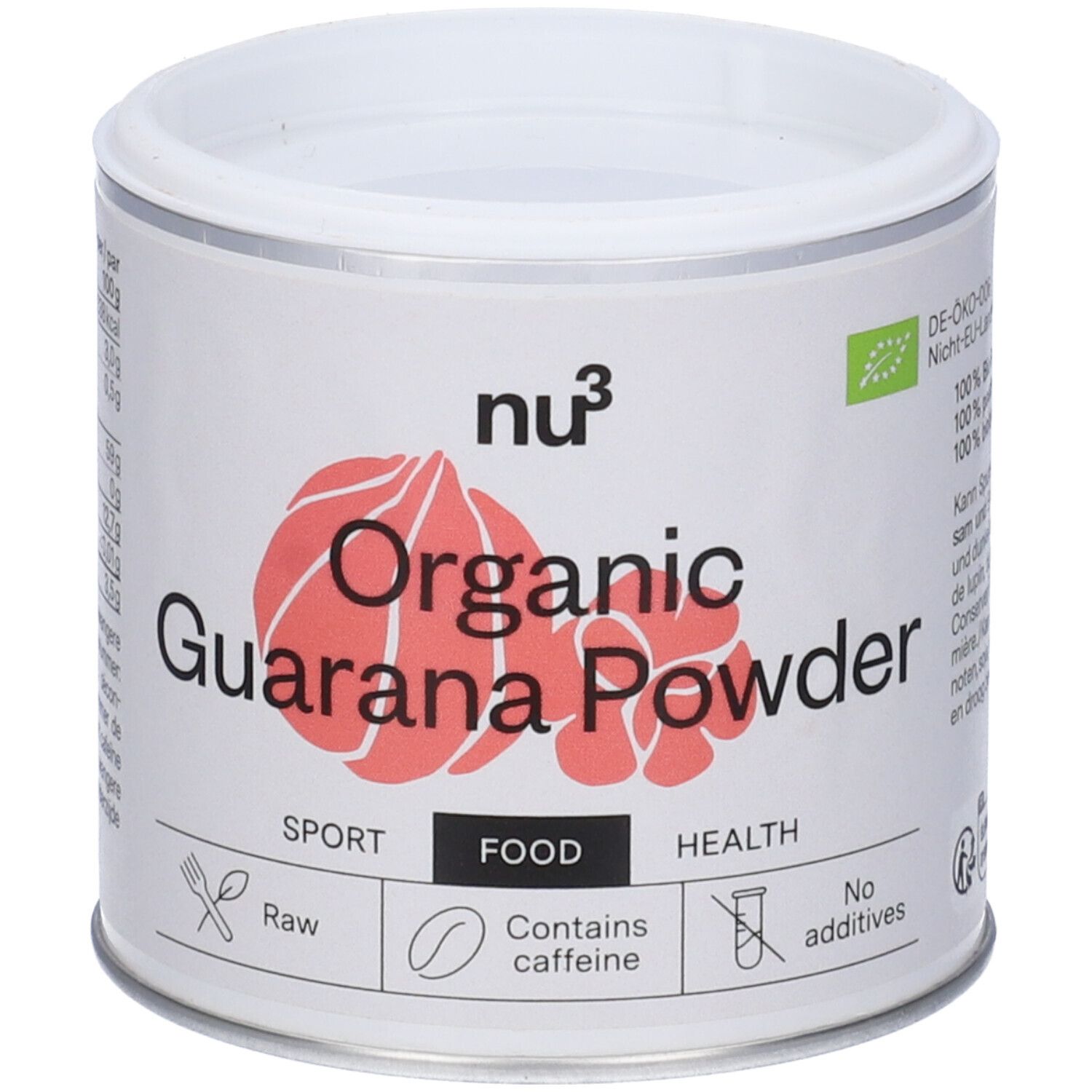 Barattolo bianco con logo Guarana Powder rosso. Scritta: Organic Guarana Powder, contiene caffeina. Con marchio bio.