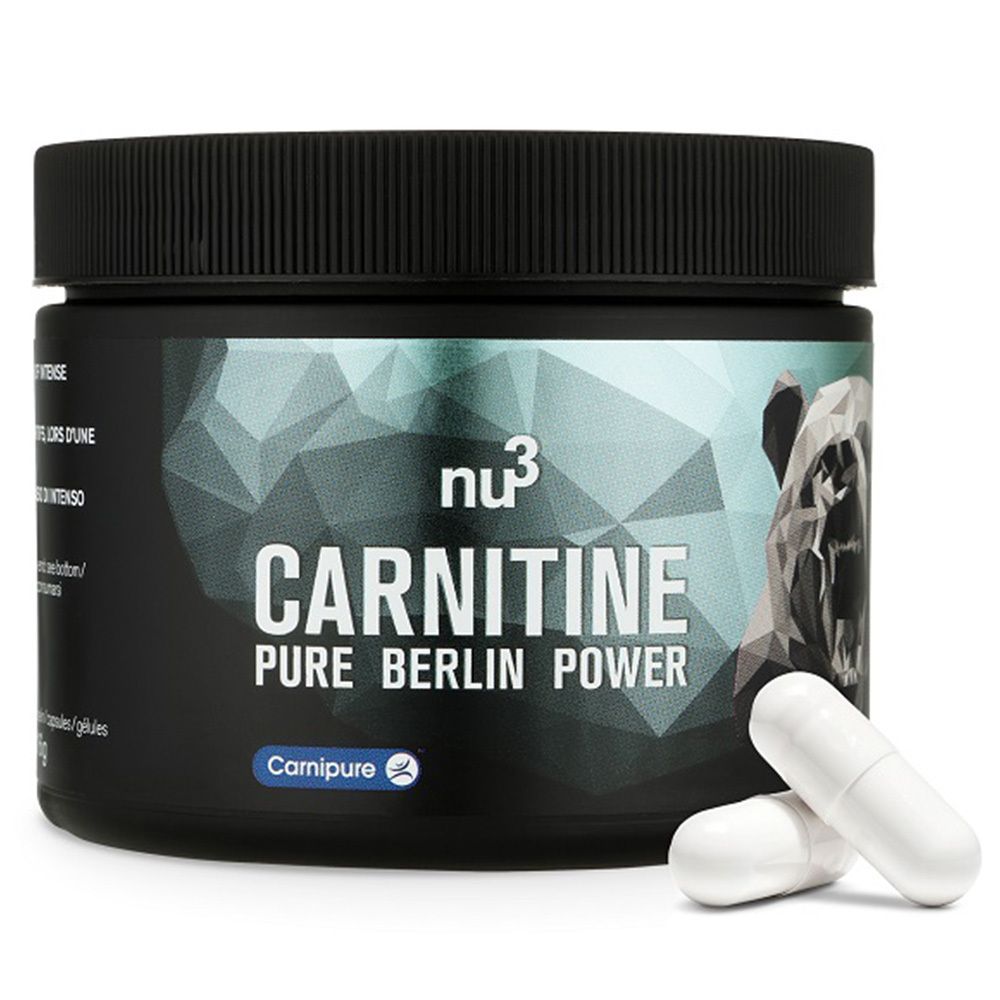 Barattolo nero "nu3 Carnitine Pure Berlin Power" con capsule bianche. Sigillo Carnipure. Grafica orso.