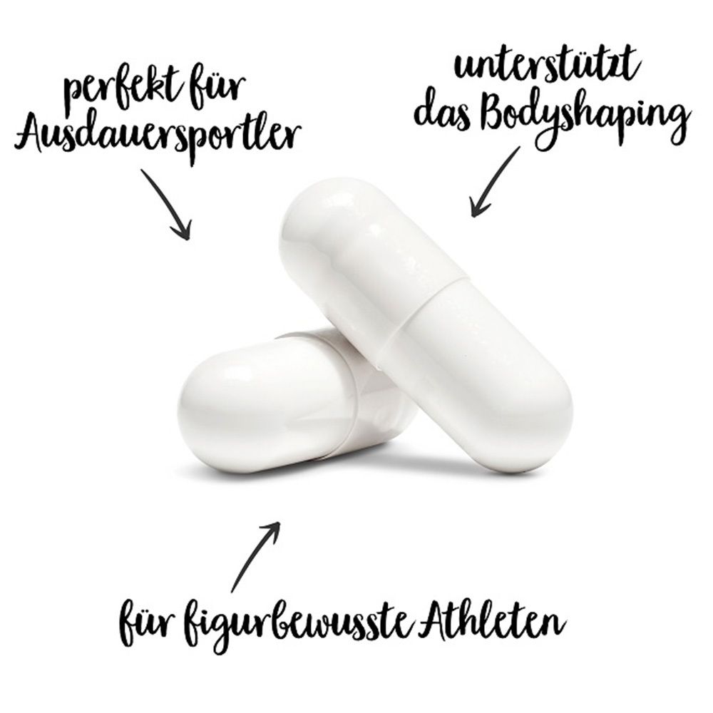 Due capsule bianche. Testo: "perfetto per atleti di resistenza", "supporta il body shaping", "per atleti attenti alla forma fisica".