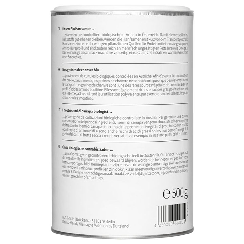 Retro del barattolo con testo in tedesco, francese, italiano e olandese. Contiene informazioni sui semi di canapa bio e i valori nutrizionali.