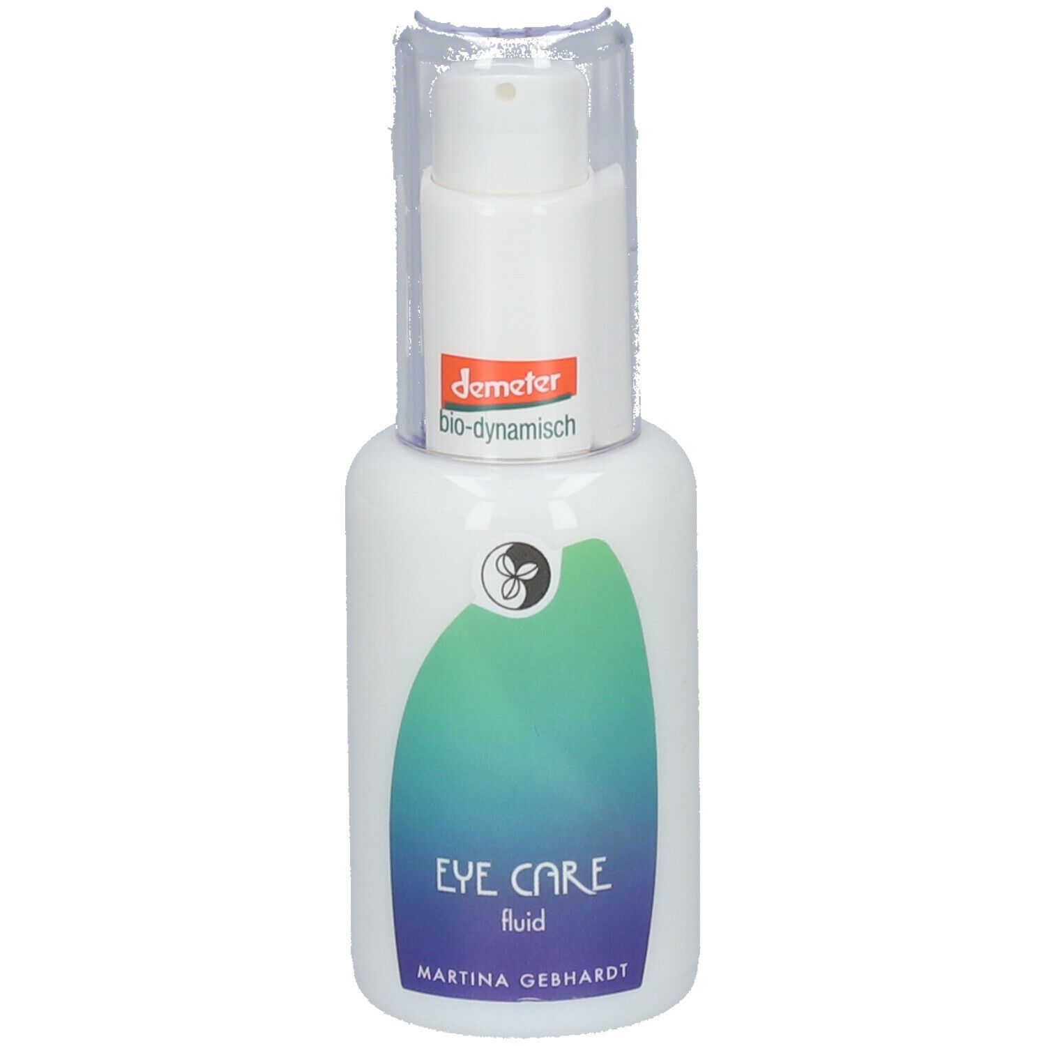 Flacone bianco con dosatore. Scritta "EYE CARE fluid" e "Martina Gebhardt". Logo Demeter.