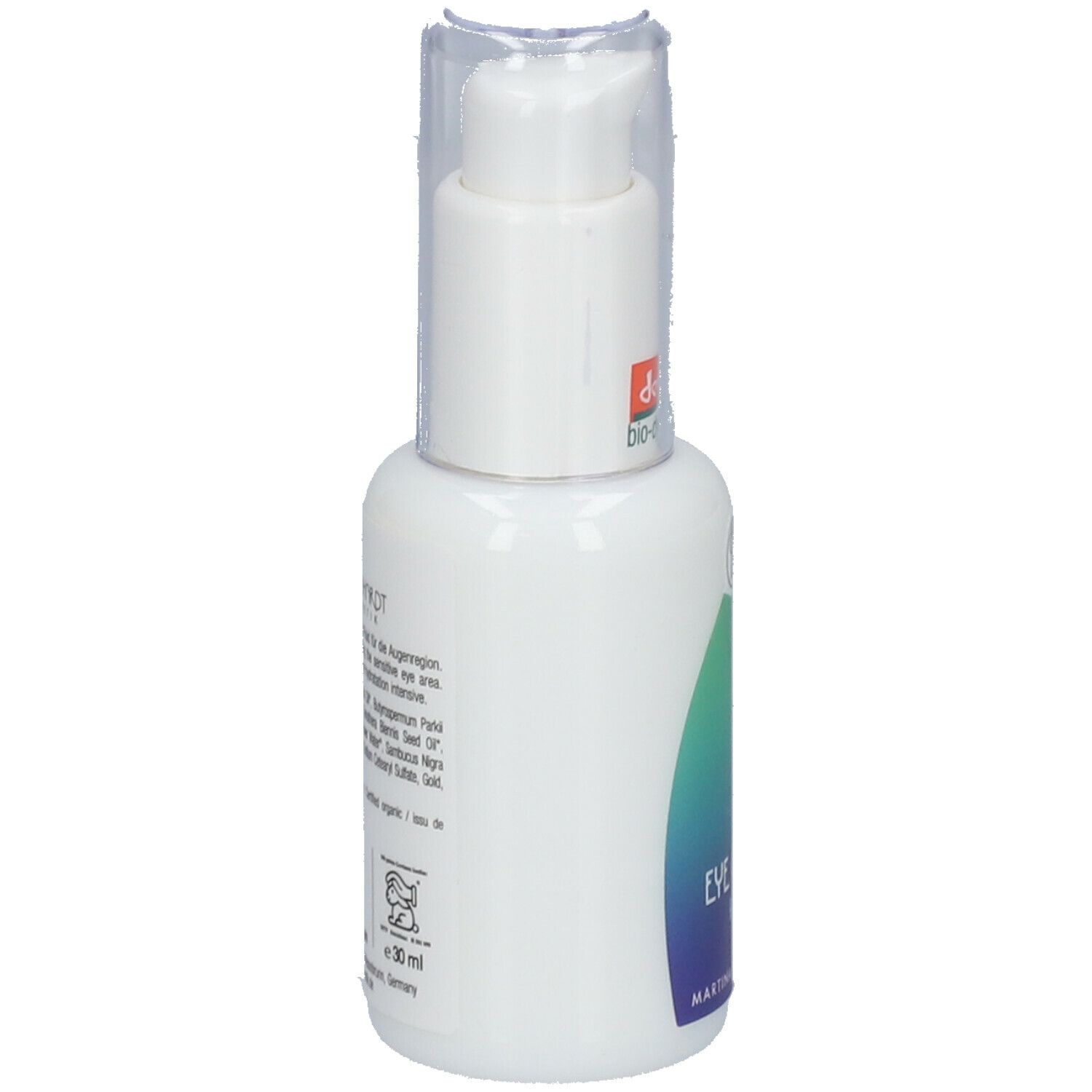Flacone bianco con dosatore. Scritte e testo. Logo Demeter. "Made in Germany".