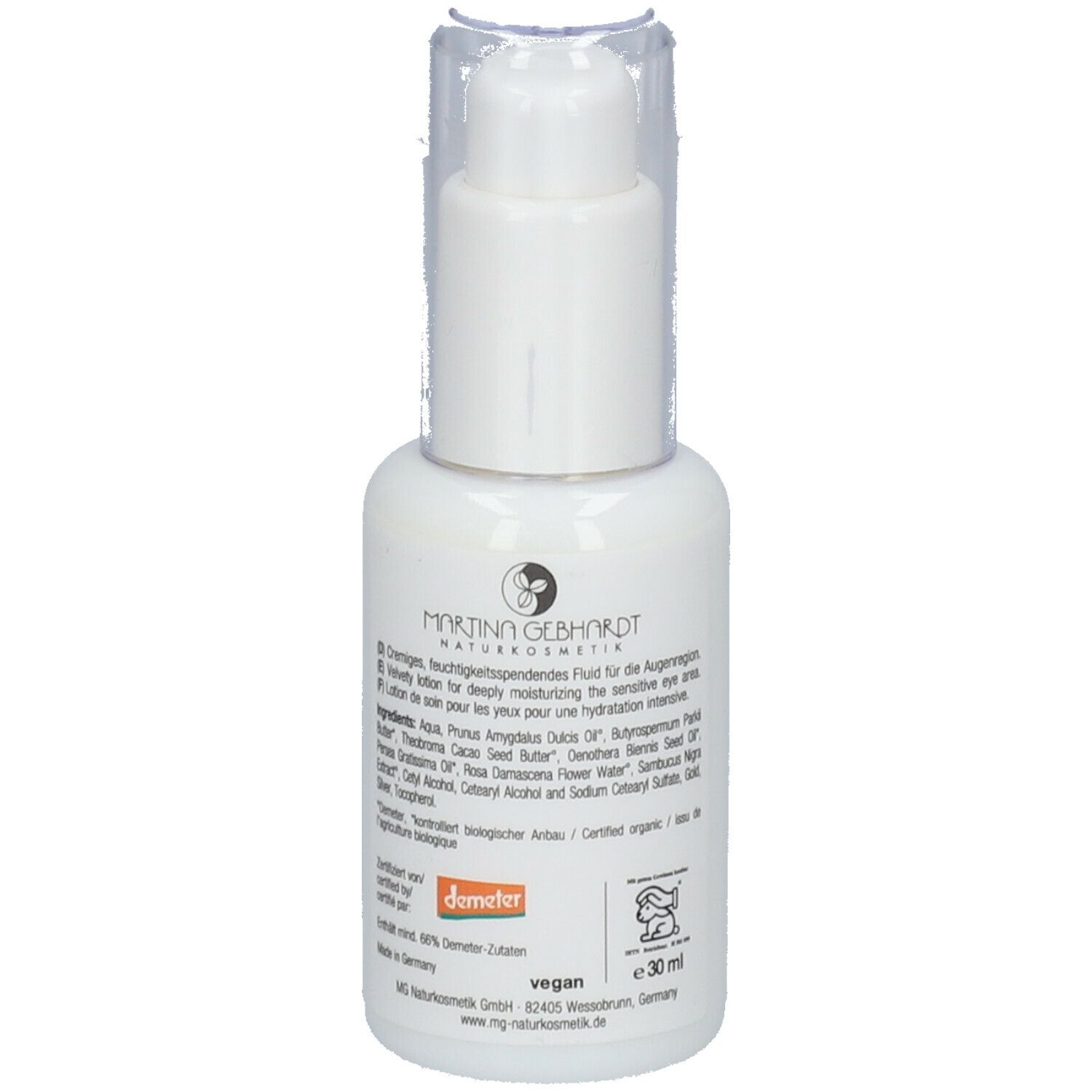 Flacone bianco con dosatore. Scritte e testo. Logo Demeter. Logo vegano. 30 ml.