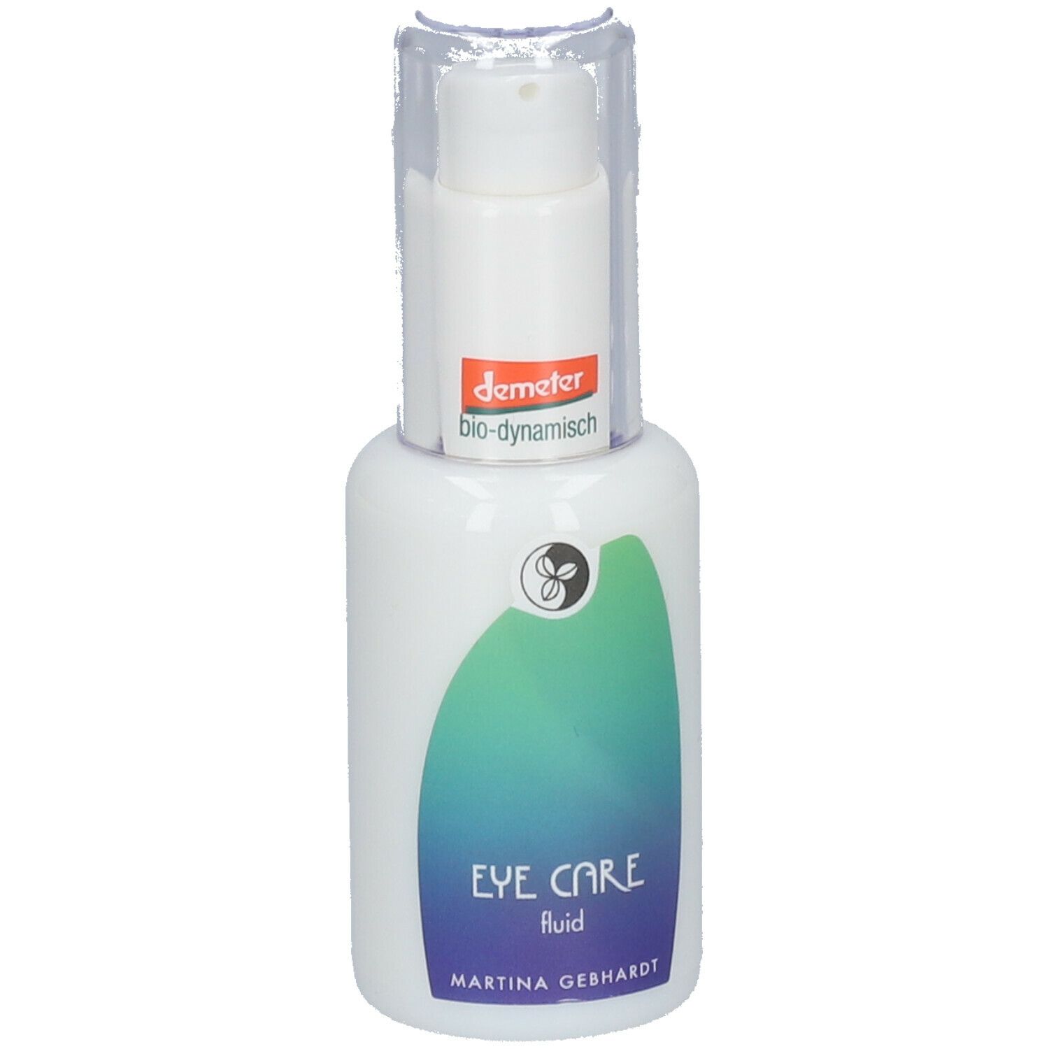 Flacone bianco con dosatore. Scritta "EYE CARE fluid" e "Martina Gebhardt". Logo Demeter.