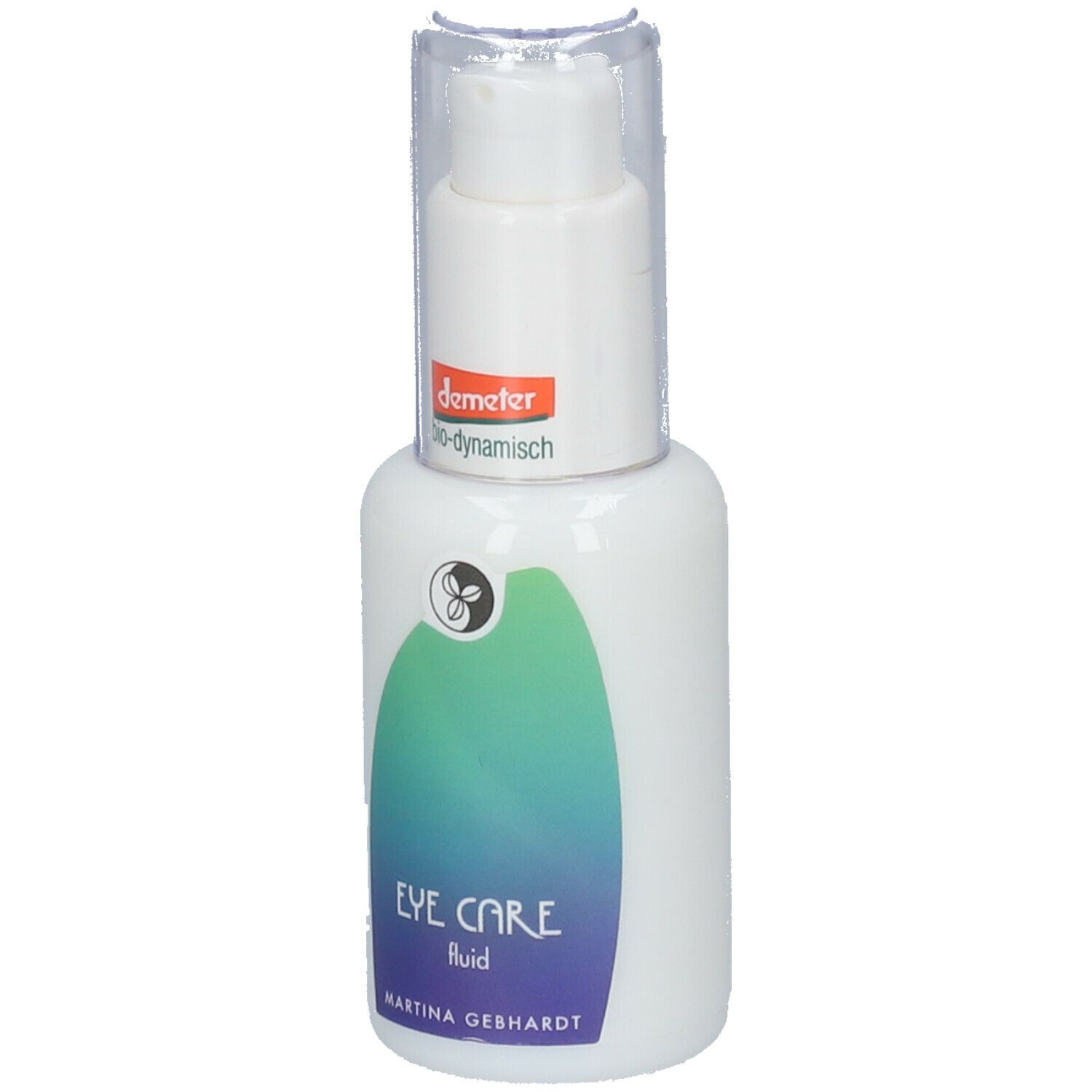 Flacone bianco con dosatore. Scritta "EYE CARE fluid" e "Martina Gebhardt". Logo Demeter.