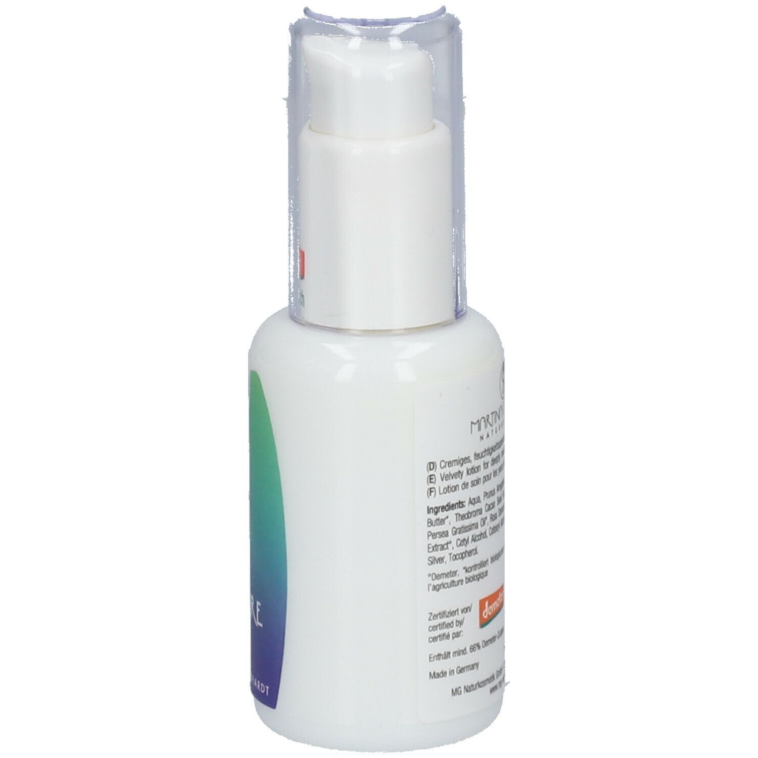 Flacone bianco con dosatore. Scritte e testo. Logo Demeter. "Made in Germany".