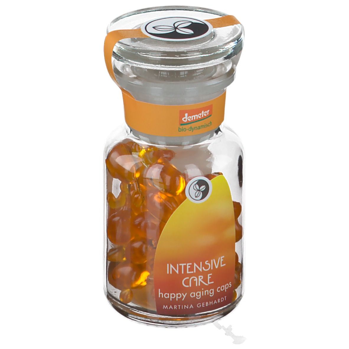 Flacone in vetro con capsule arancioni. Etichetta "Intensive Care" e "happy aging caps". Sigillo Demeter.