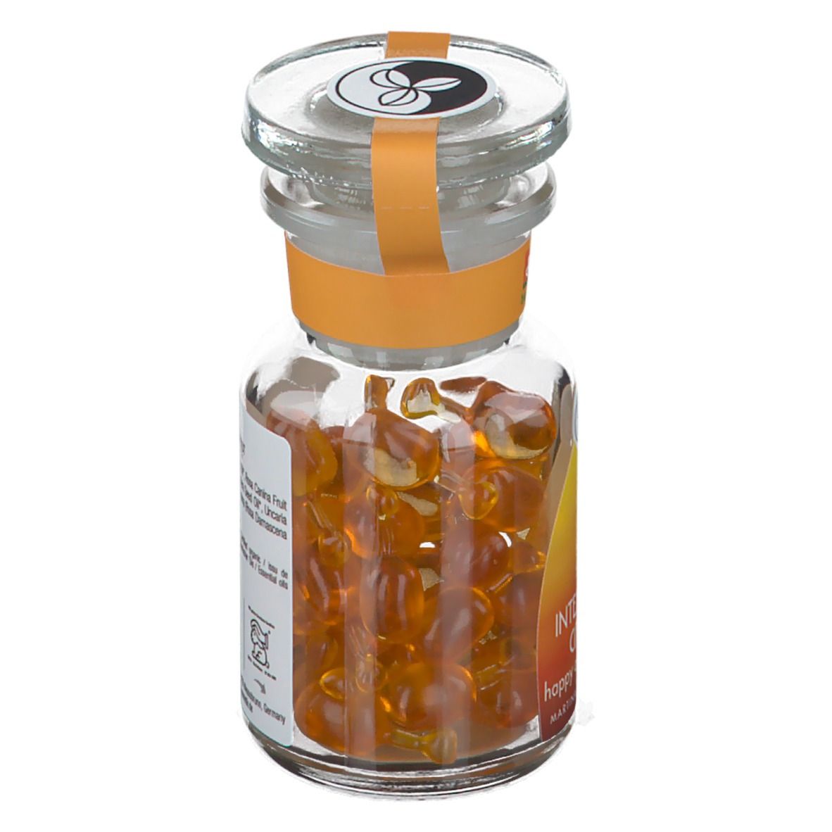 Flacone in vetro con capsule arancioni. Retro con informazioni. Sigillo Demeter.