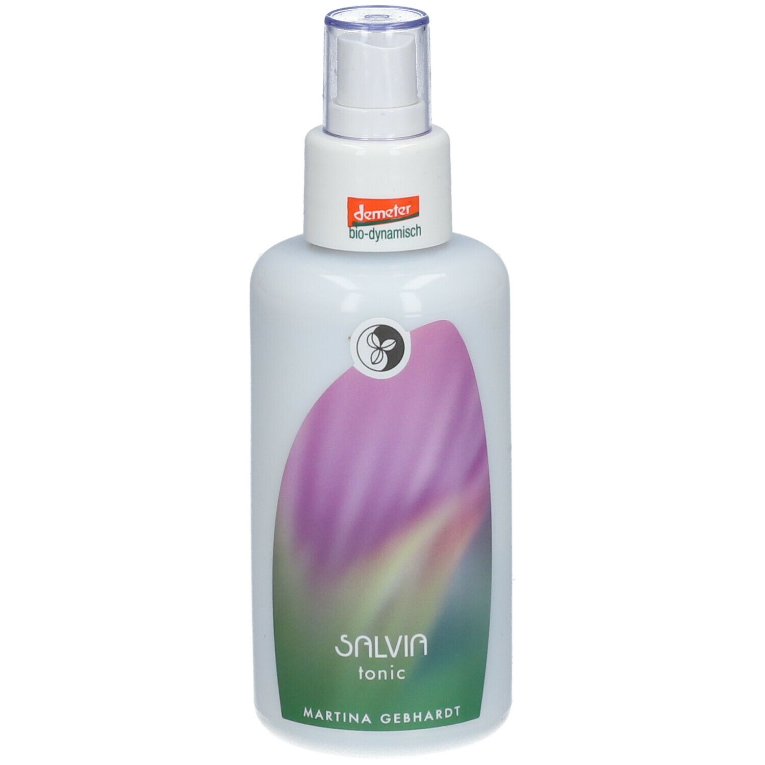 Flacone bianco con vaporizzatore. Etichetta con fiore viola e scritta SALVIA tonic. Logo Demeter.