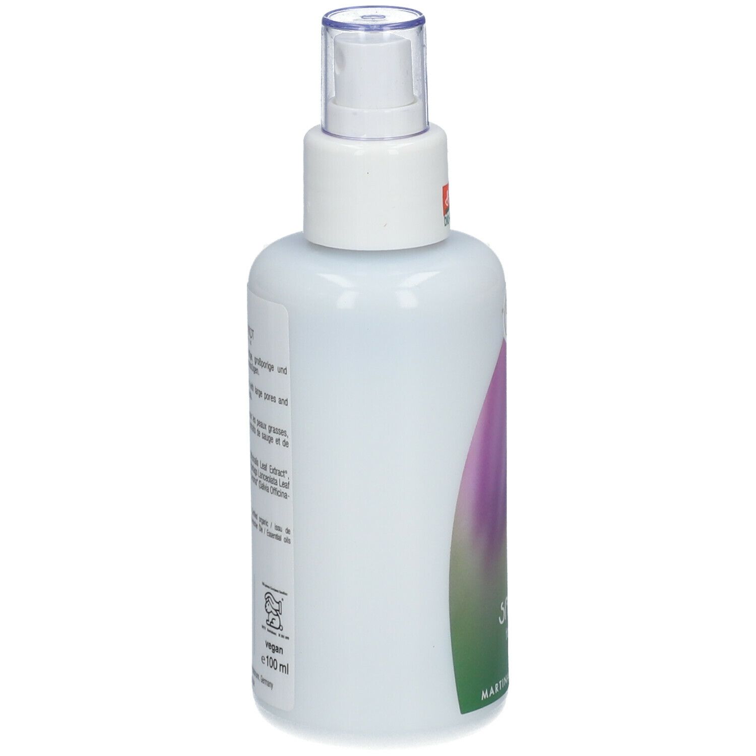 Flacone bianco con vaporizzatore. Etichetta con testo e ingredienti. Logo vegano. 100 ml.