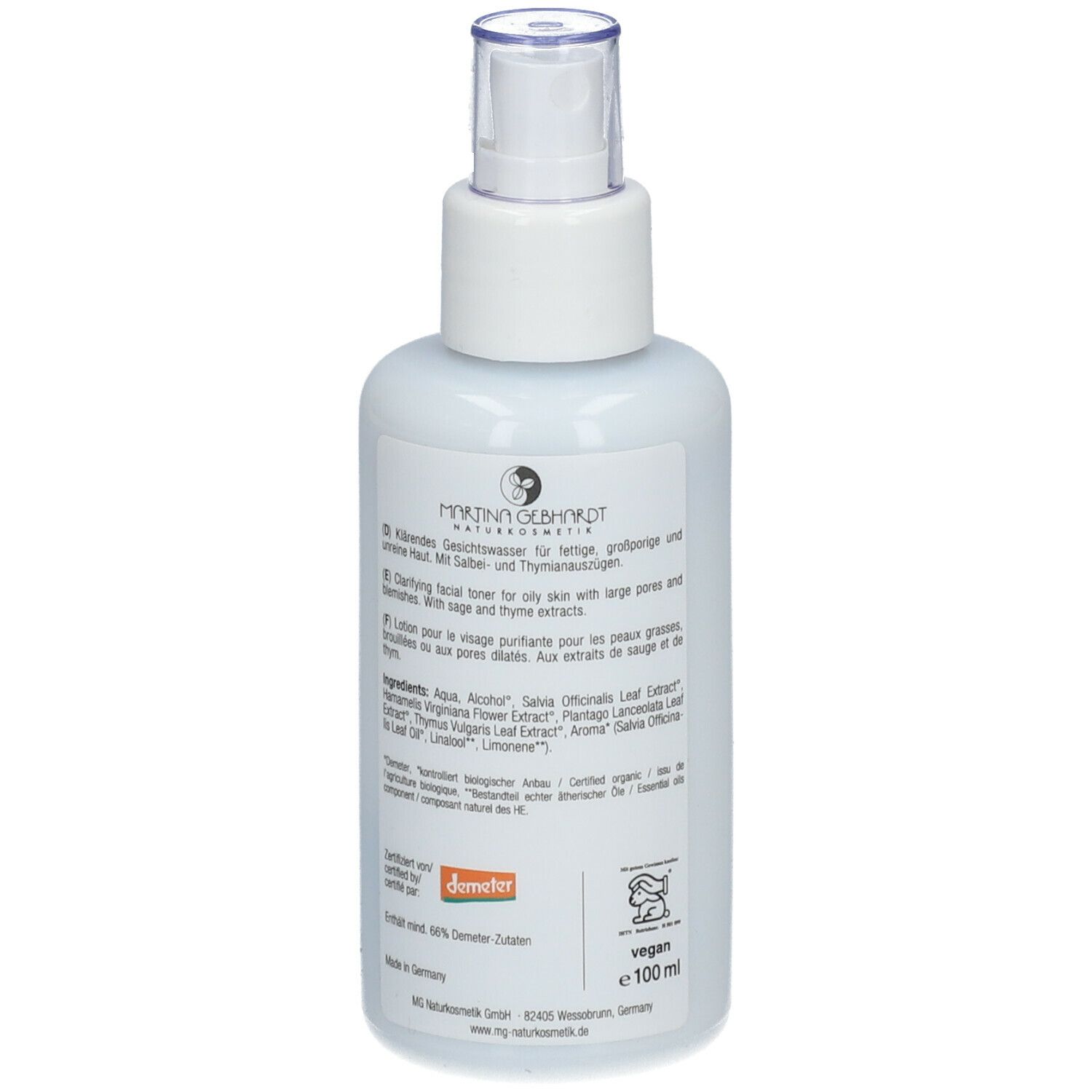Retro del flacone. Testo con ingredienti e descrizione. Logo Demeter. Logo vegano. 100 ml.