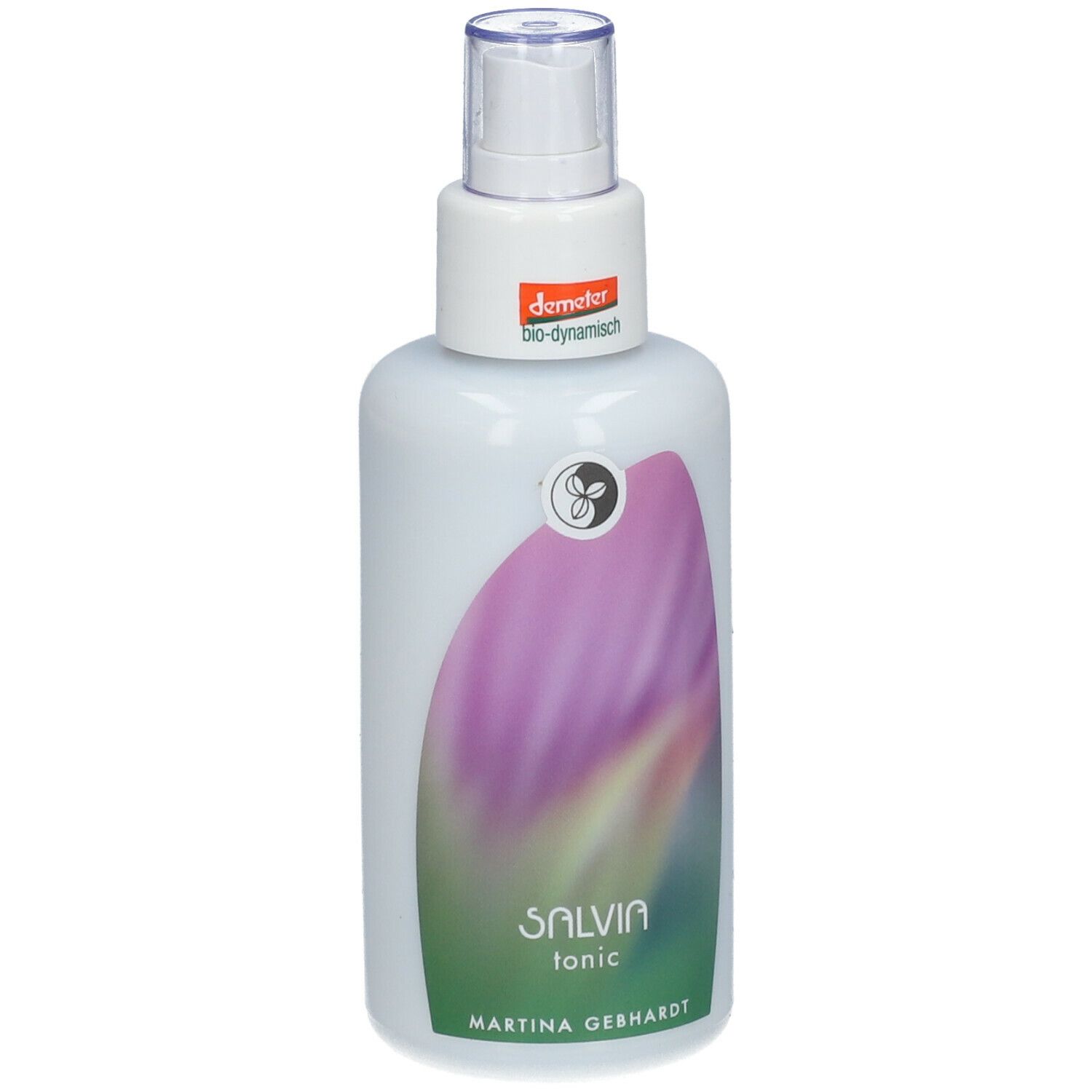 Flacone bianco con vaporizzatore. Etichetta con fiore viola e scritta SALVIA tonic. Logo Demeter.