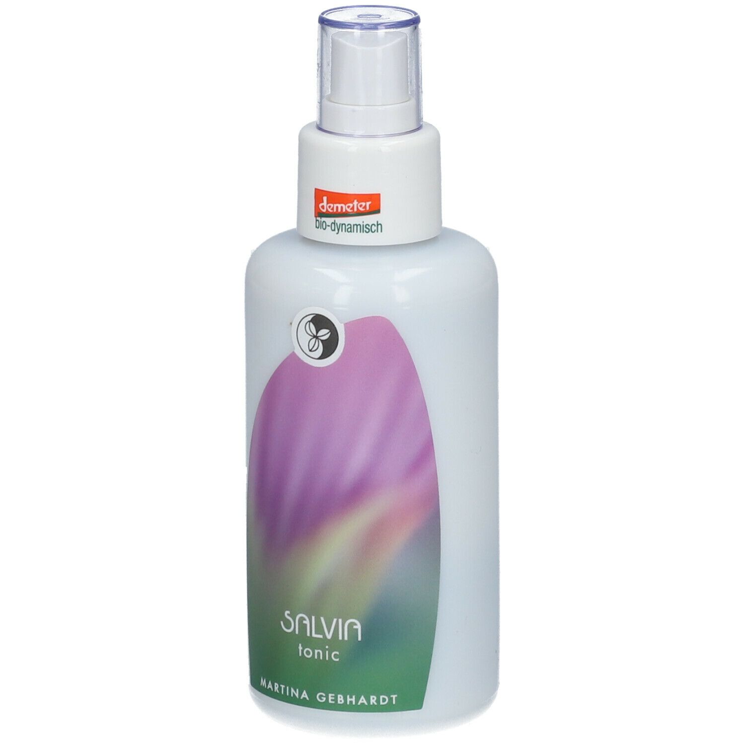 Flacone bianco con vaporizzatore. Etichetta con fiore viola e scritta SALVIA tonic. Logo Demeter.