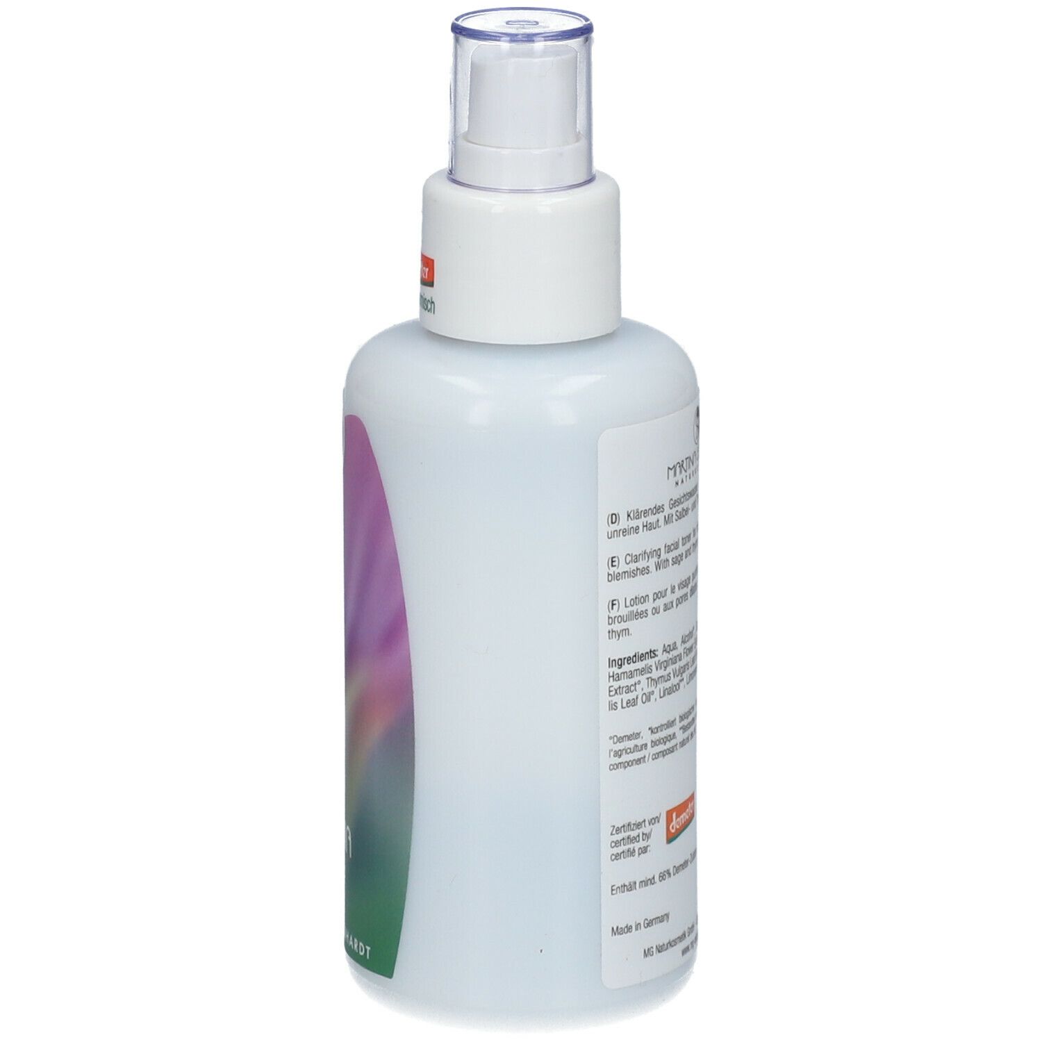 Retro del flacone. Testo con ingredienti e descrizione. Logo Demeter. Logo vegano. 100 ml.