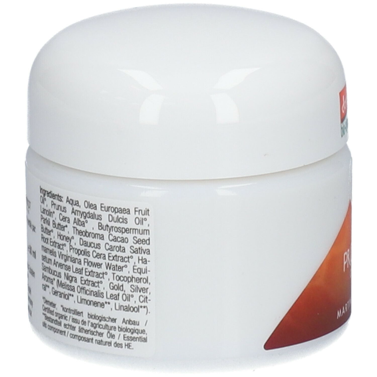 Retro del vasetto di crema. Elenco ingredienti. Marchio Demeter. Scritta: PROPOLIS cream, MARTINA GEBHARDT.