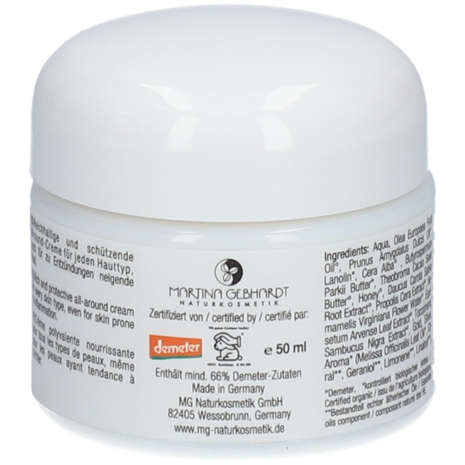 Vasetto di crema con coperchio. Scritta: MARTINA GEBHARDT. Certificato Demeter. 50 ml. Prodotto in Germania.