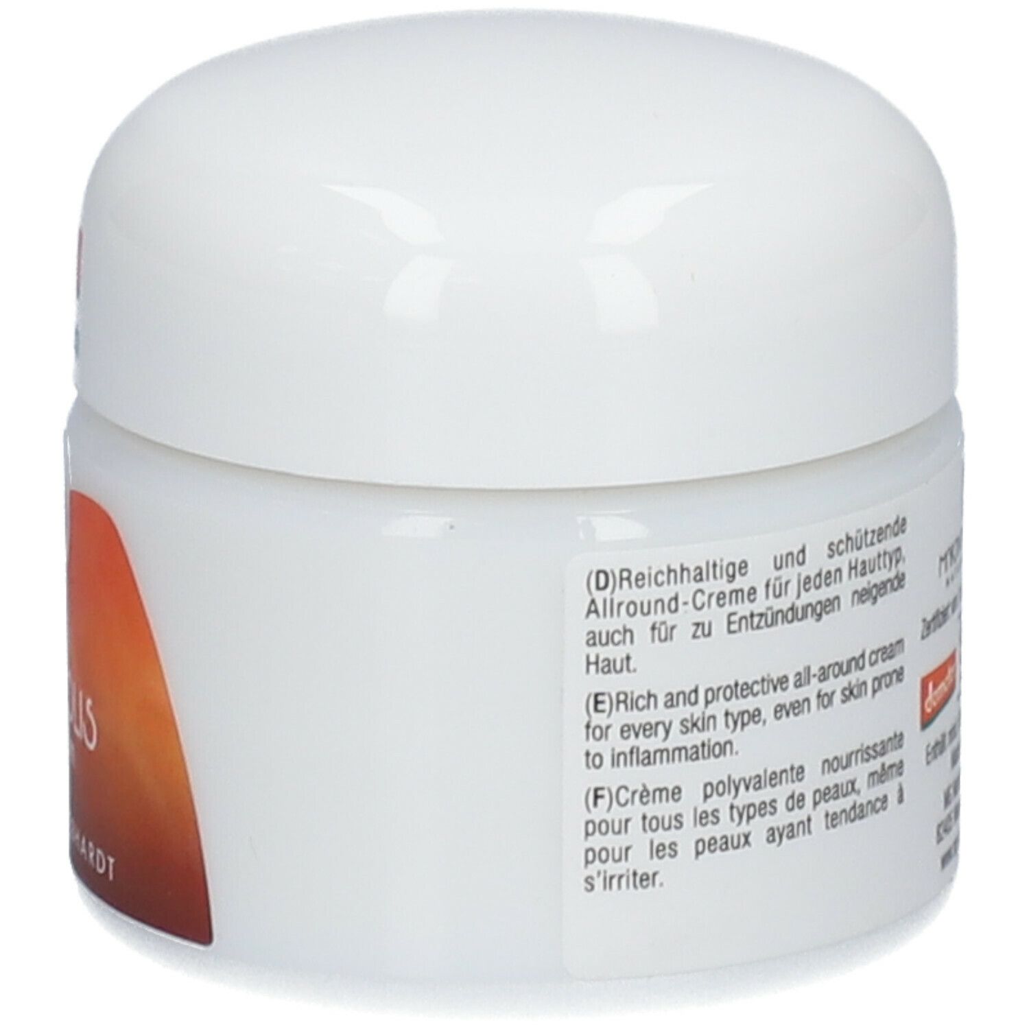 Vasetto di crema con coperchio. Scritta: PROPOLIS cream, MARTINA GEBHARDT. Testo in tedesco, inglese e francese.