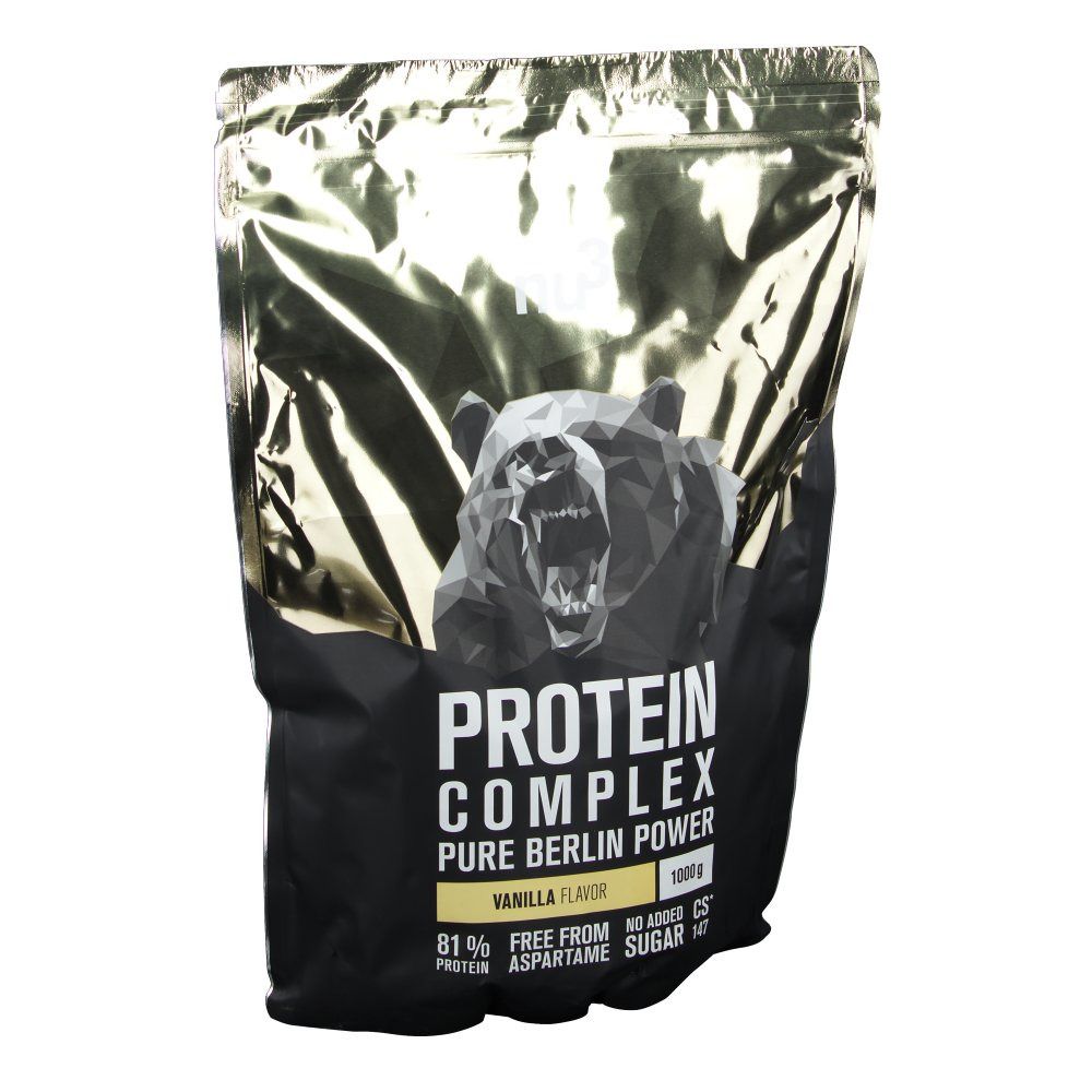 Confezione di Protein Complex Vanille. Scritte: "PROTEIN COMPLEX", "VANILLA FLAVOR", "81% PROTEIN". Chiusura dorata.