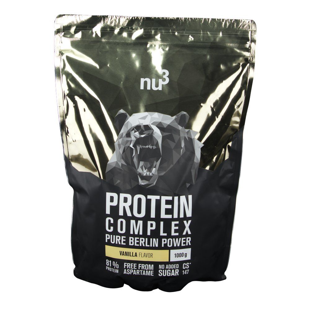 Confezione Protein Complex Vanille. Logo "nu3" in alto. Scritte: "PROTEIN COMPLEX", "VANILLA FLAVOR", "81% PROTEIN".