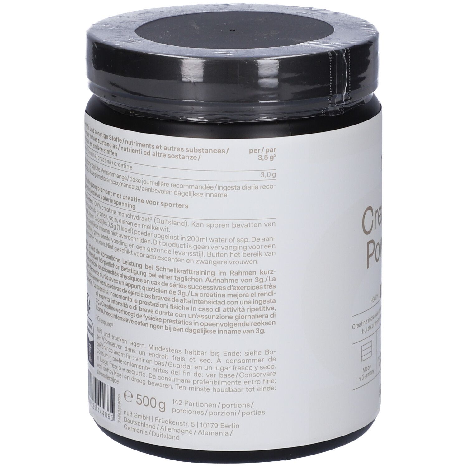 Retro del barattolo nero di Creatine Powder nu3. Testo multilingue, 500g, ingredienti.