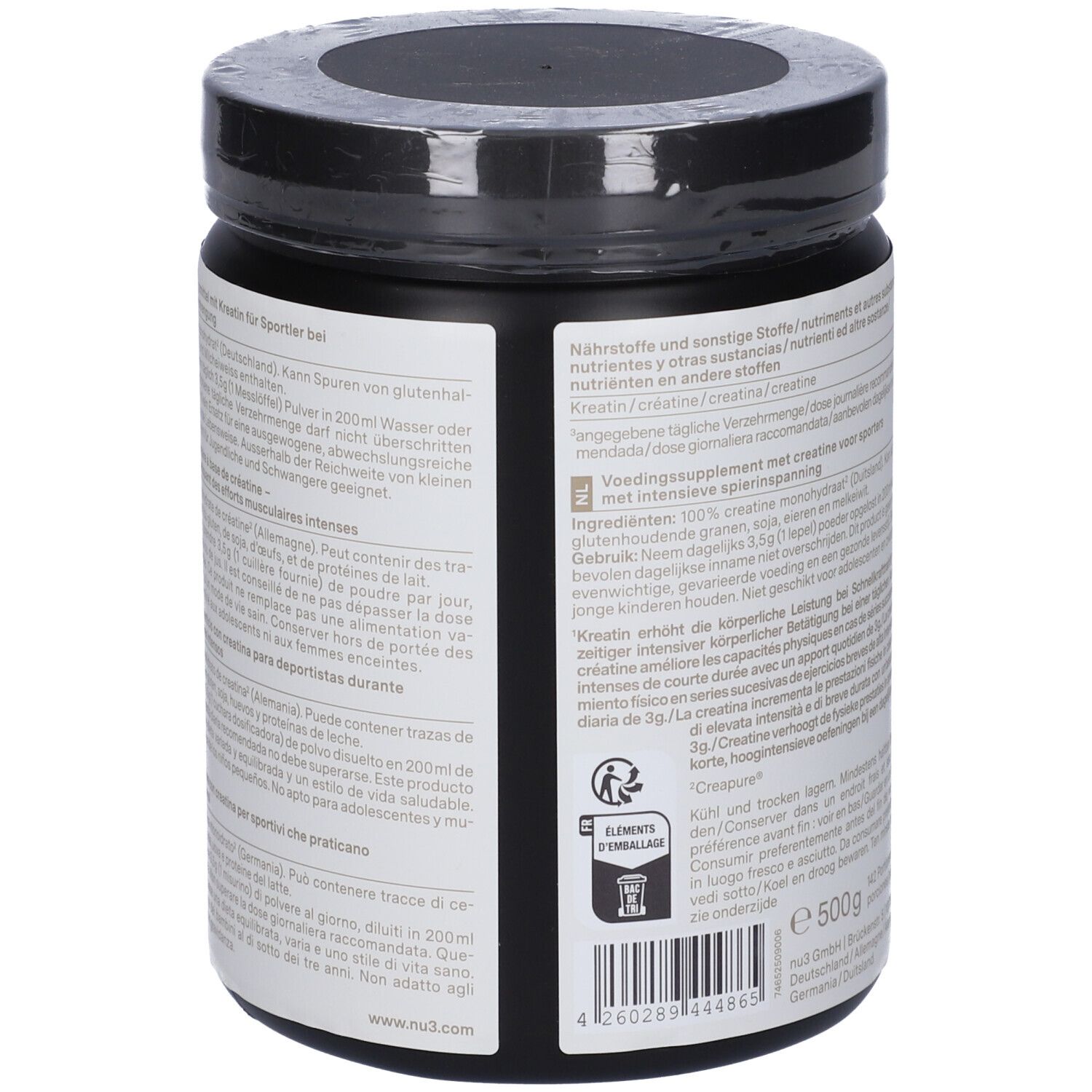 Retro del barattolo nero di Creatine Powder nu3. Testo multilingue, 500g, ingredienti.