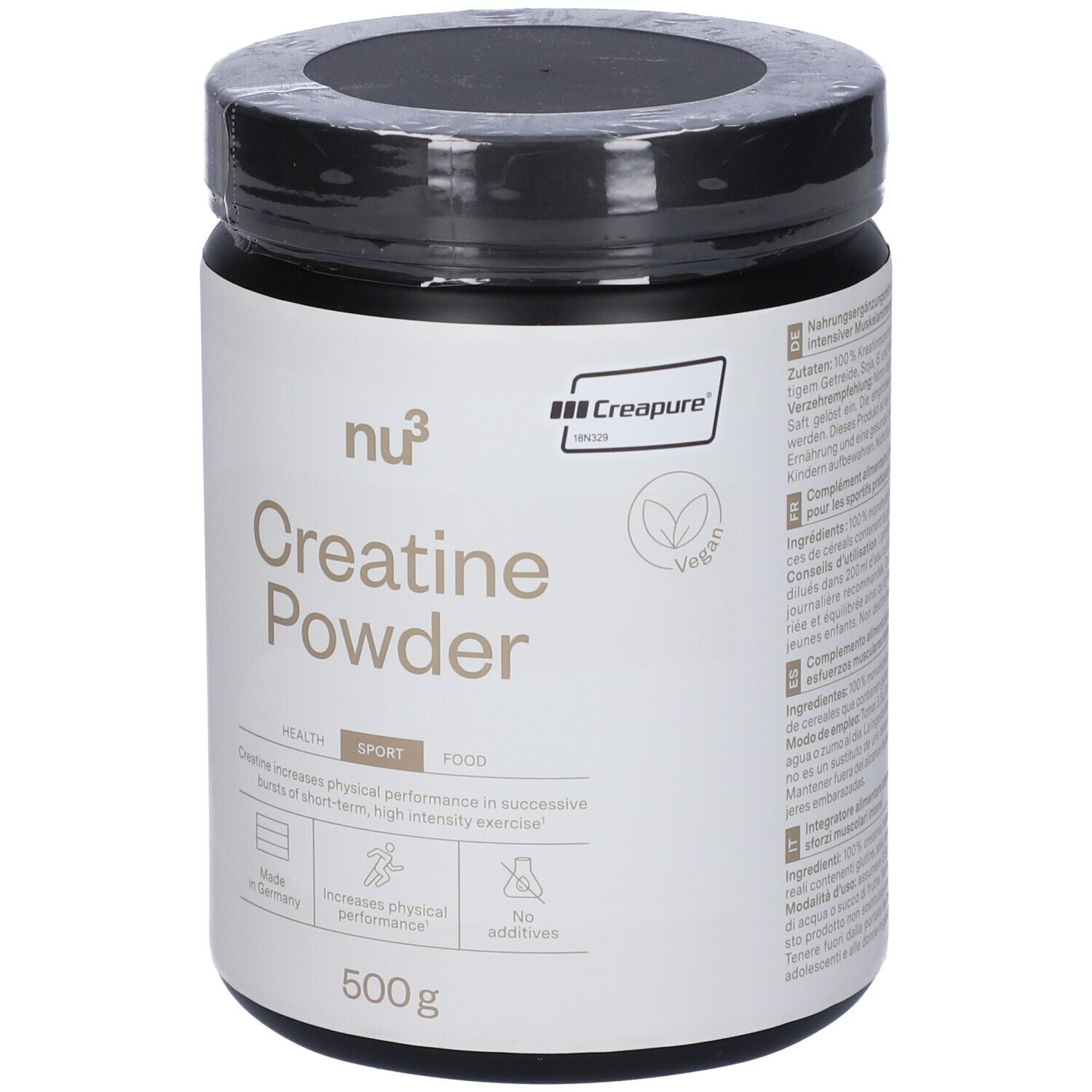 Barattolo nero di Creatine Powder nu3. Scritta: Creatine Powder, 500g. Con sigillo Creapure e logo Vegan.