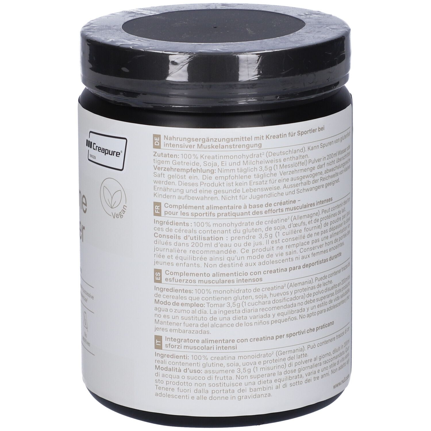 Retro del barattolo nero di Creatine Powder nu3. Testo multilingue, 500g, ingredienti.