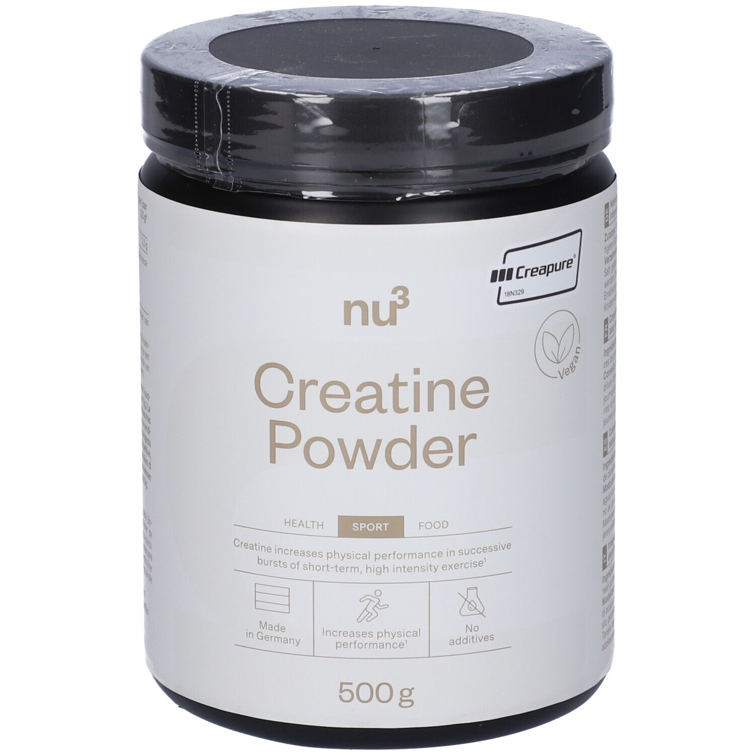 Barattolo nero di Creatine Powder nu3. Scritta: Creatine Powder, 500g. Con sigillo Creapure.
