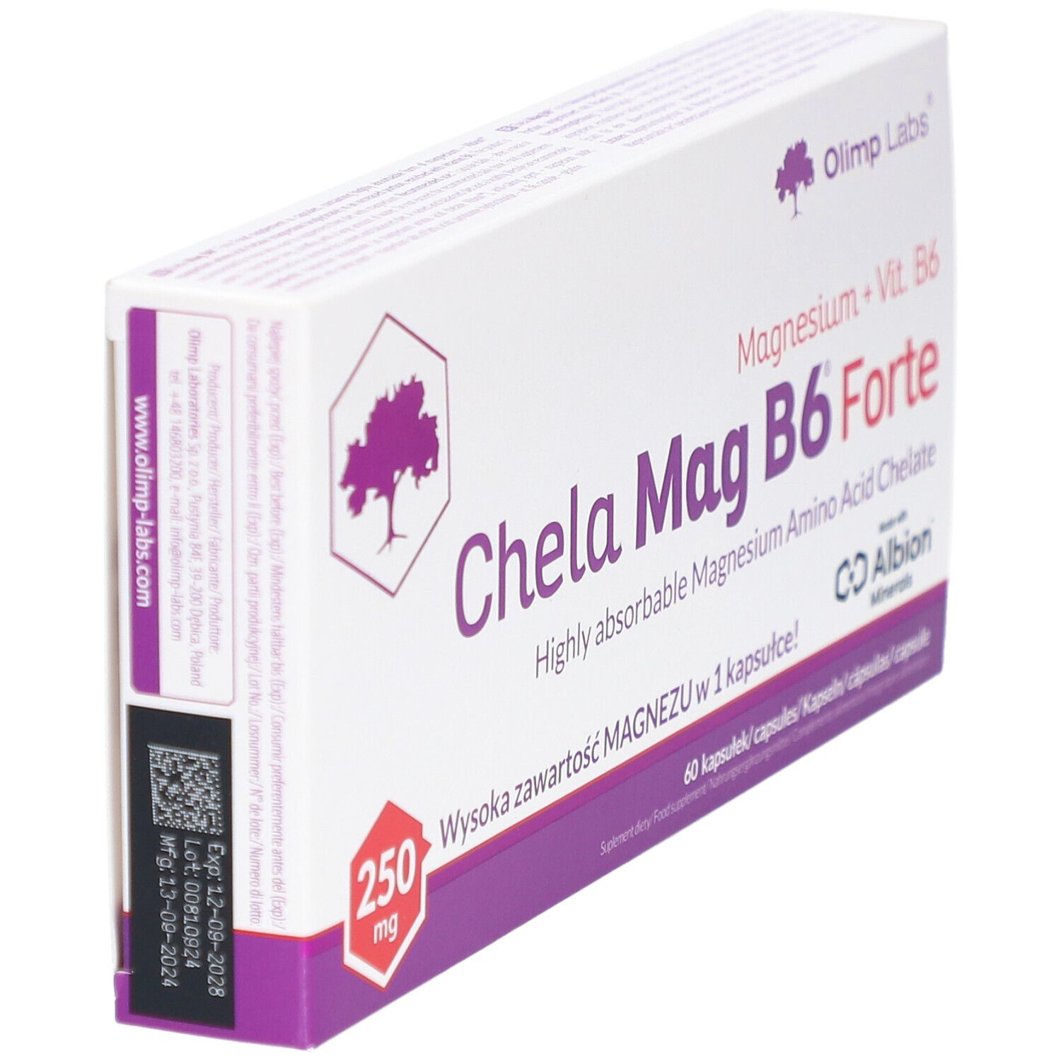 Scatola bianca, accenti viola. Scritta: Chela Mag B6 Forte, 250 mg, 60 capsule. Marchio: Olimp Labs. Codice QR.