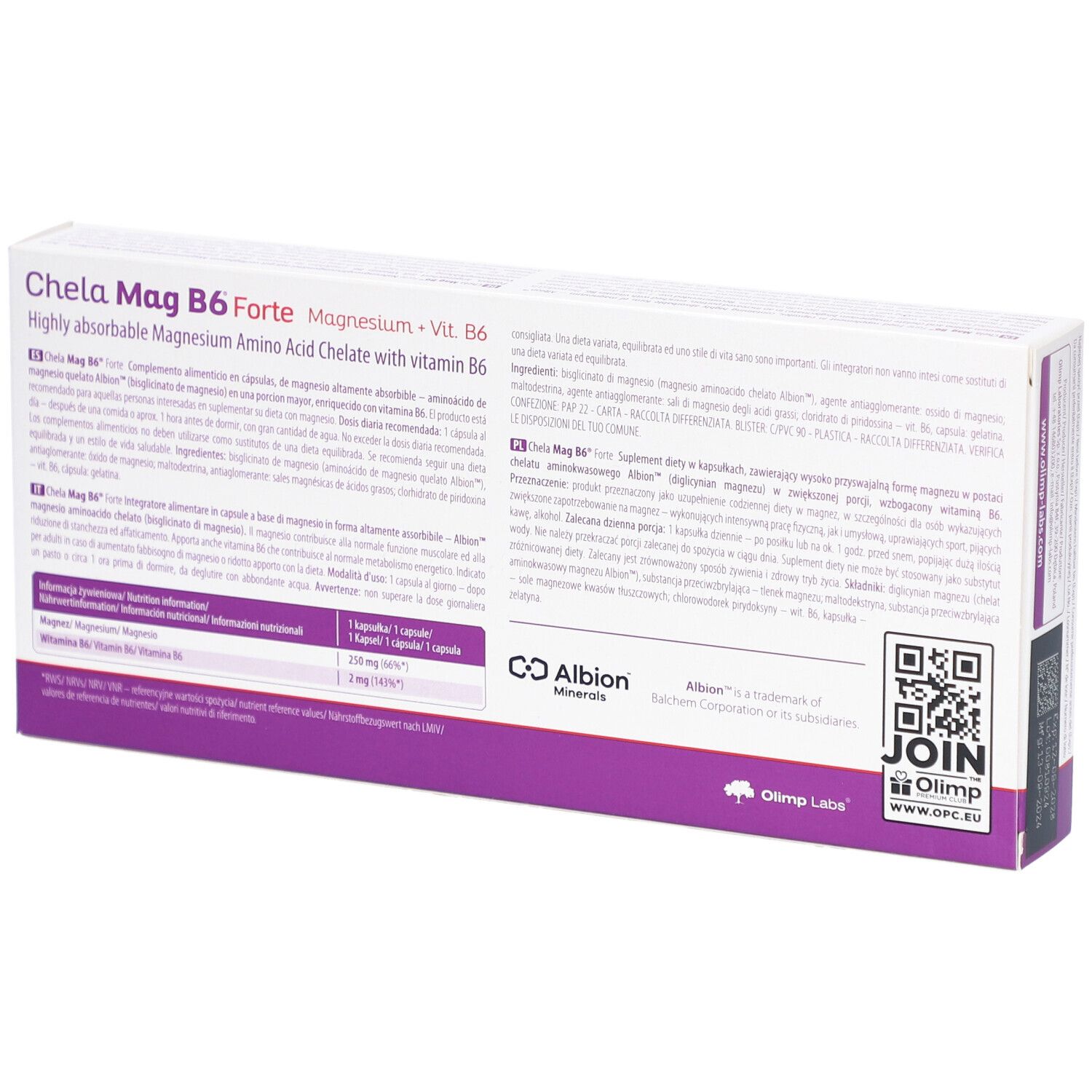 Retro della scatola. Testo multilingue. Marchio: Olimp Labs. Codice QR. Ingredienti e informazioni nutrizionali.