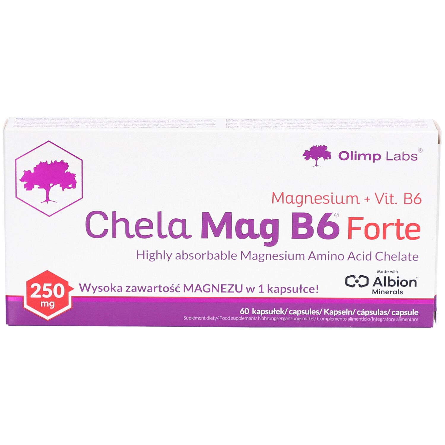 Scatola bianca e viola. Scritta: Chela Mag B6 Forte, 250 mg, 60 capsule. Marchio: Olimp Labs.