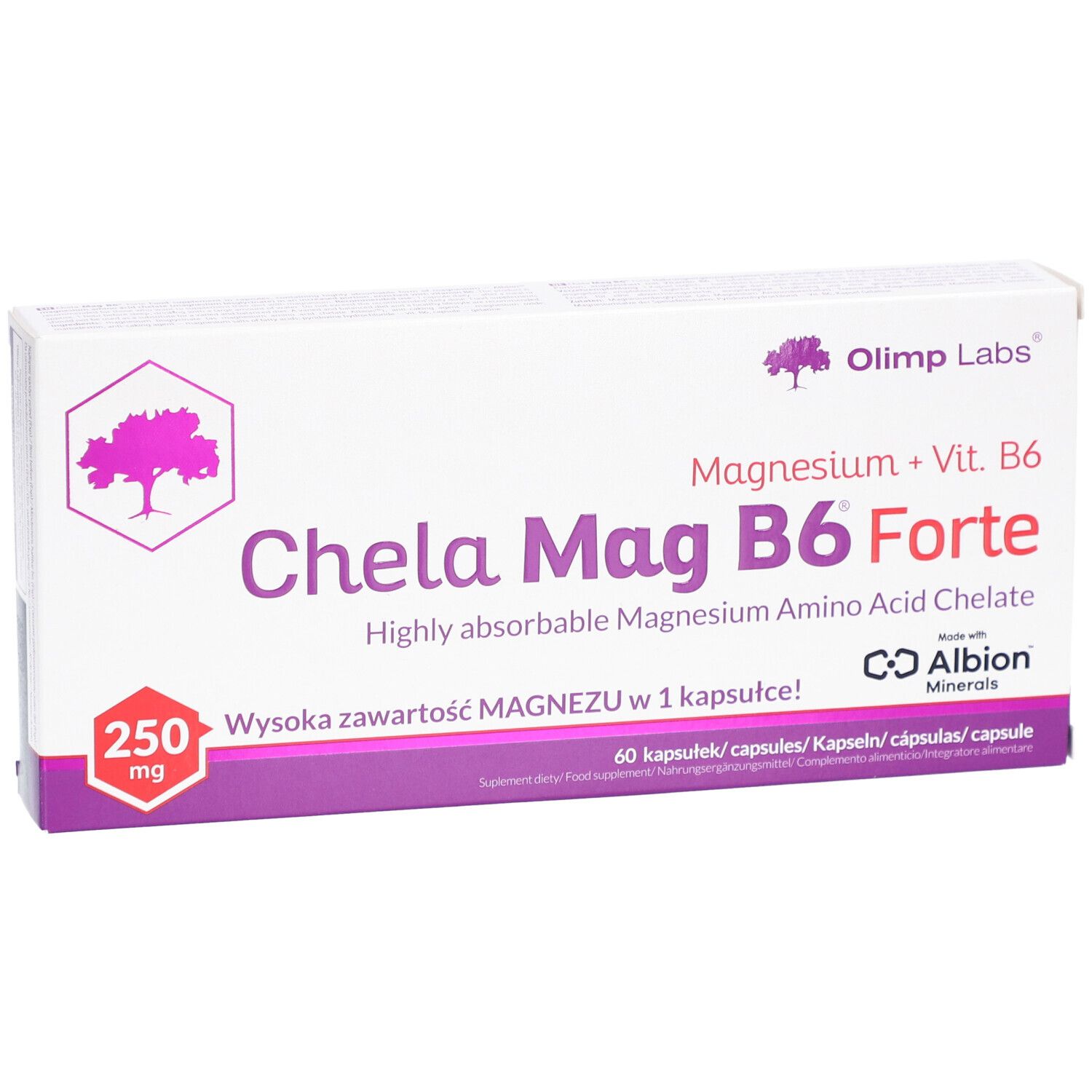 Scatola bianca e viola. Scritta: Chela Mag B6 Forte, 250 mg, 60 capsule. Marchio: Olimp Labs.