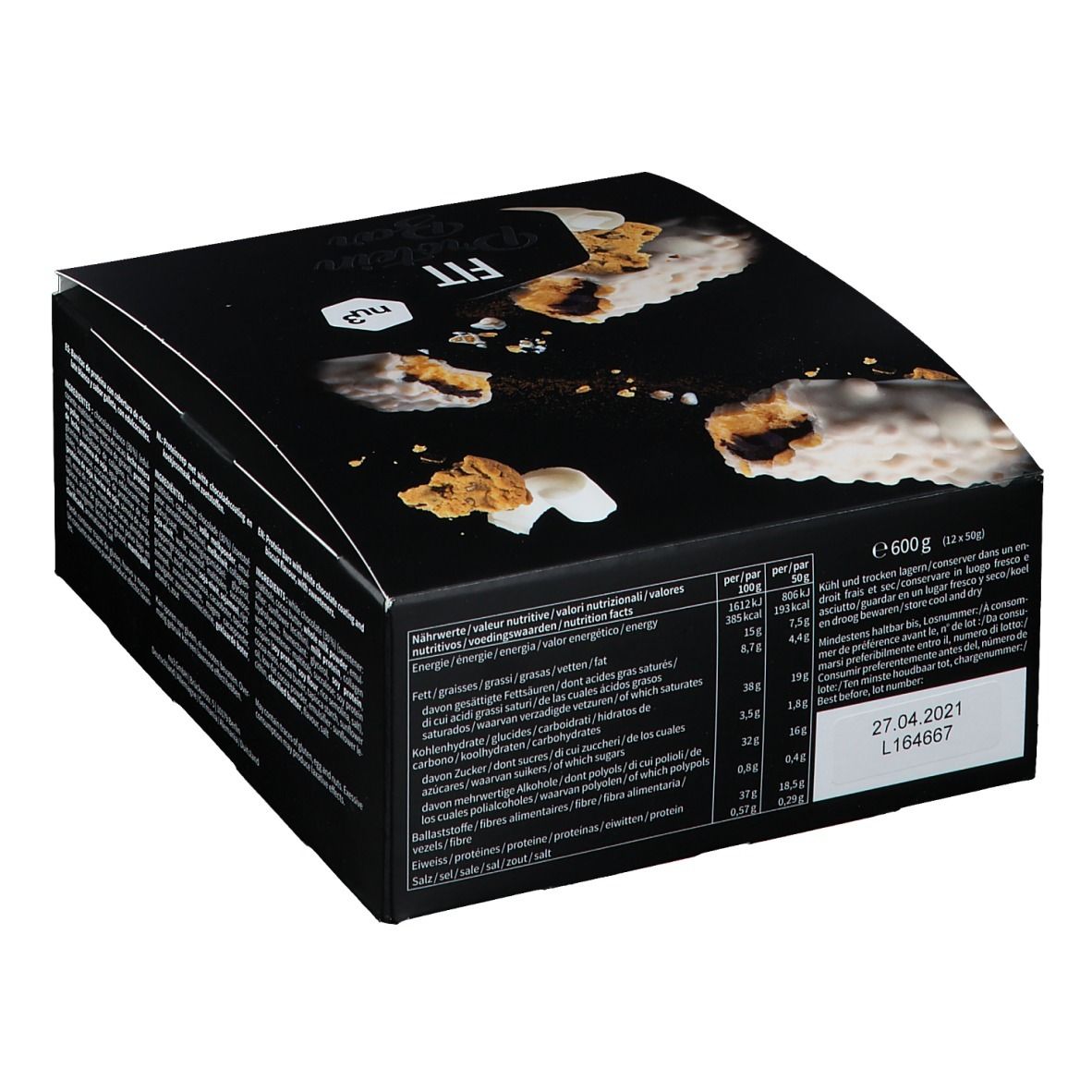 Retro della confezione nera con informazioni nutrizionali e data di scadenza. Logo "FIT Protein Bar" non visibile.