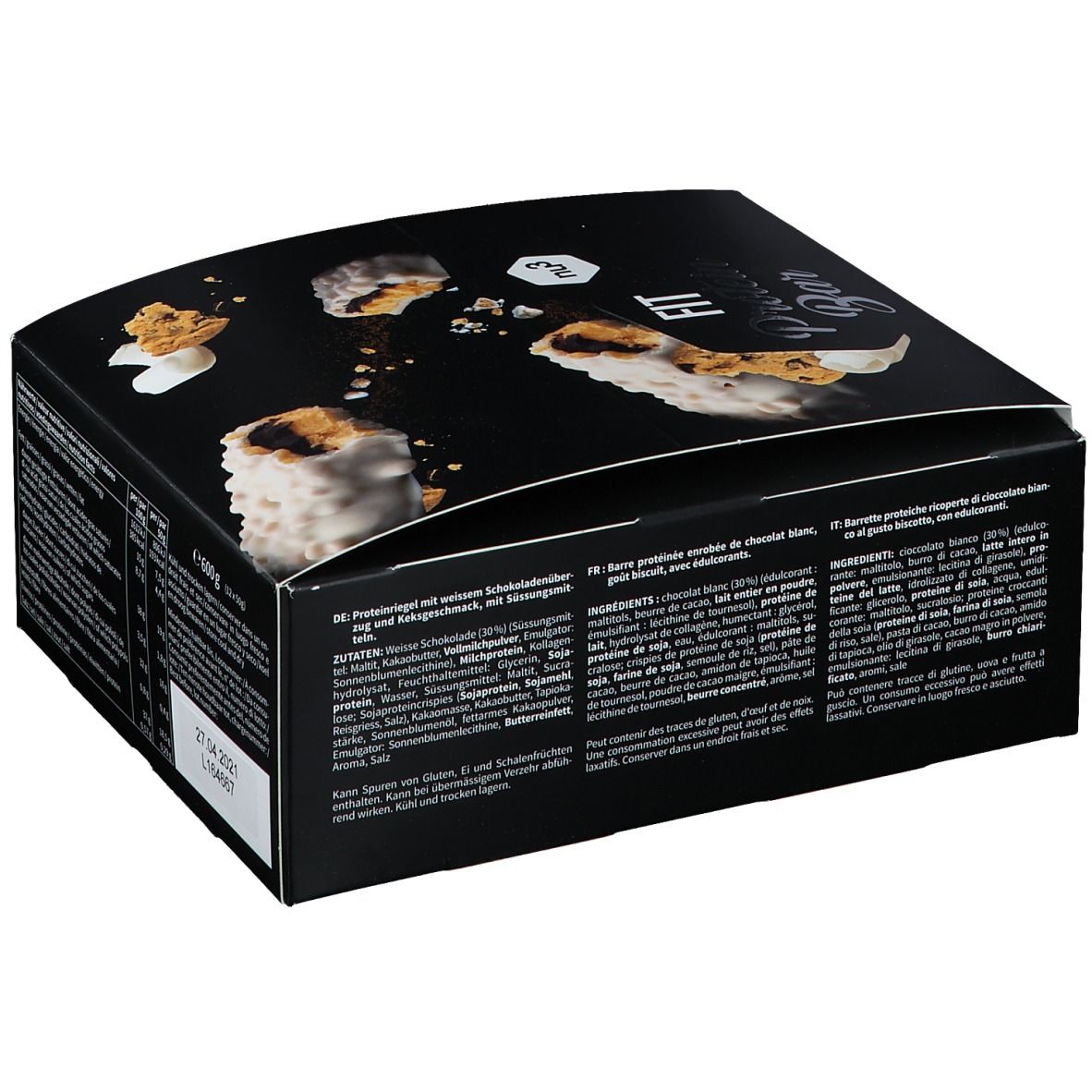 Confezione nera con testo e immagini del prodotto. Contiene elenchi di ingredienti in diverse lingue. Logo "FIT Protein Bar" visibile.