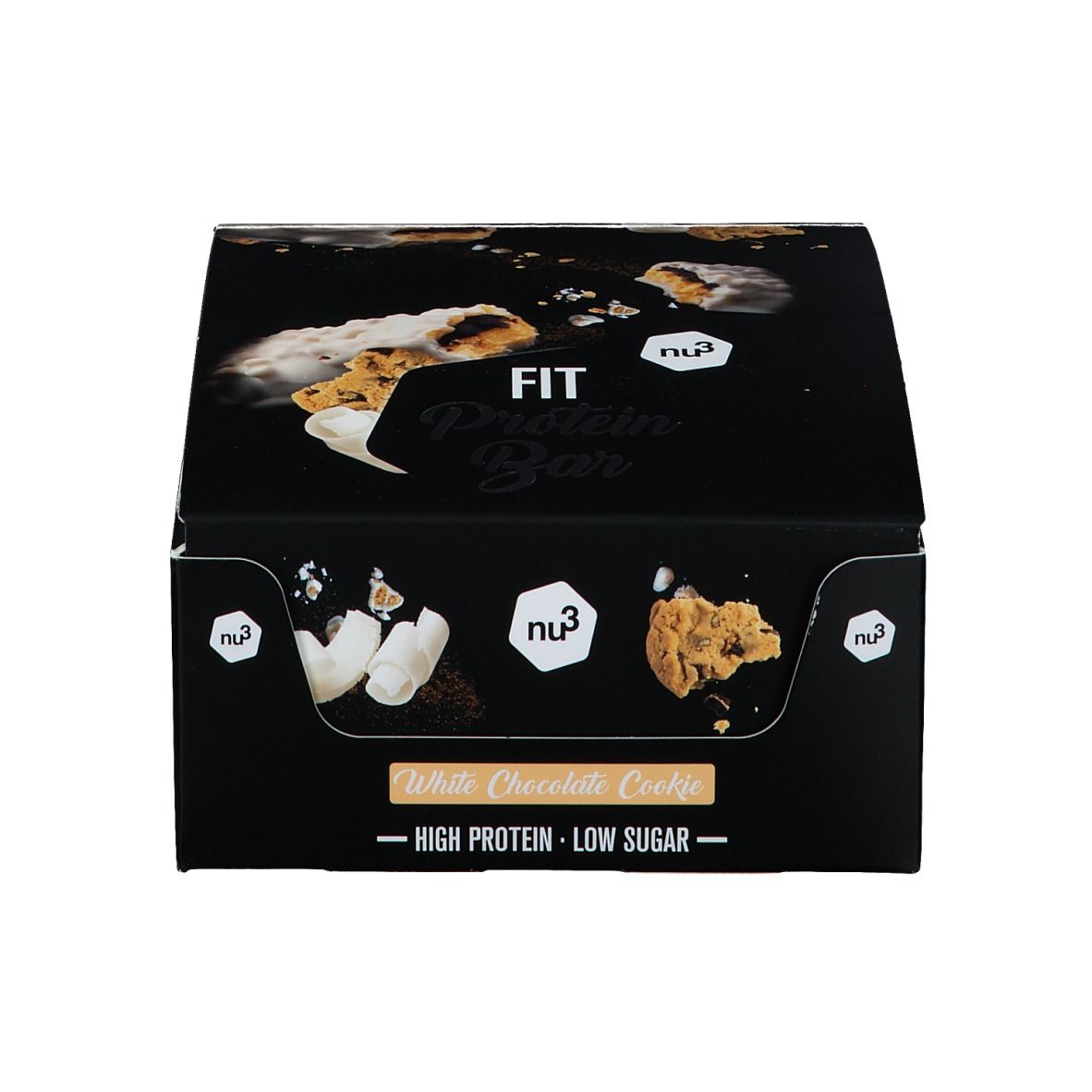 Confezione nera con logo "FIT Protein Bar" e immagini del prodotto. Testo: "White Chocolate Cookie - High Protein - Low Sugar".