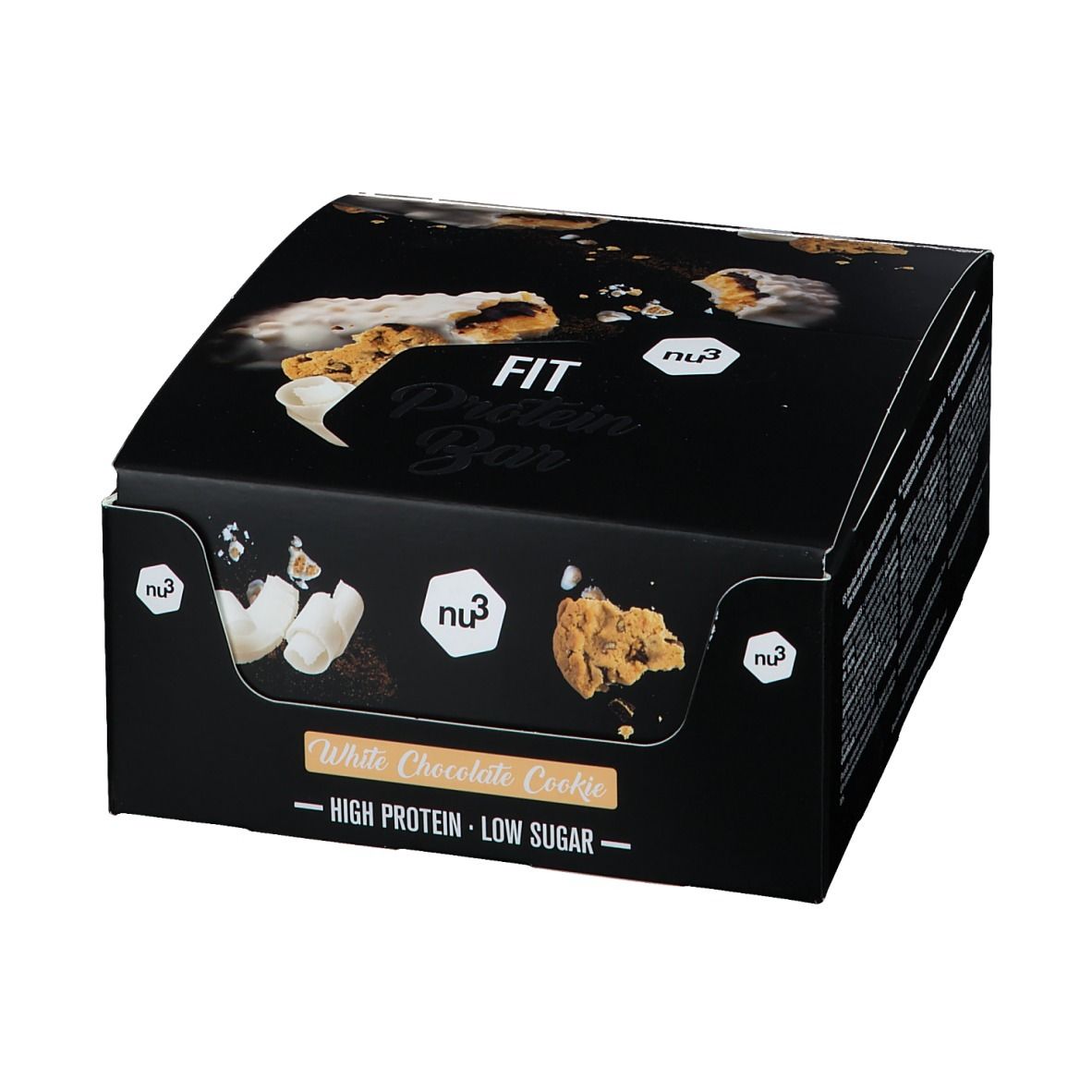 Confezione nera con logo "FIT Protein Bar" e immagini del prodotto. Testo: "White Chocolate Cookie - High Protein - Low Sugar".