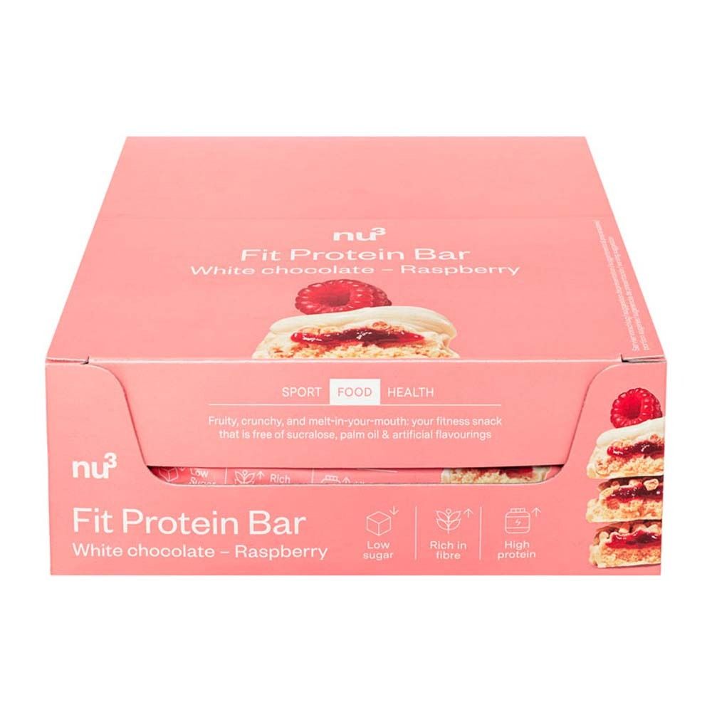 Confezione rosa chiusa con nu3 Fit Protein Bar. Scritto: White chocolate - Raspberry. Logo, icone.
