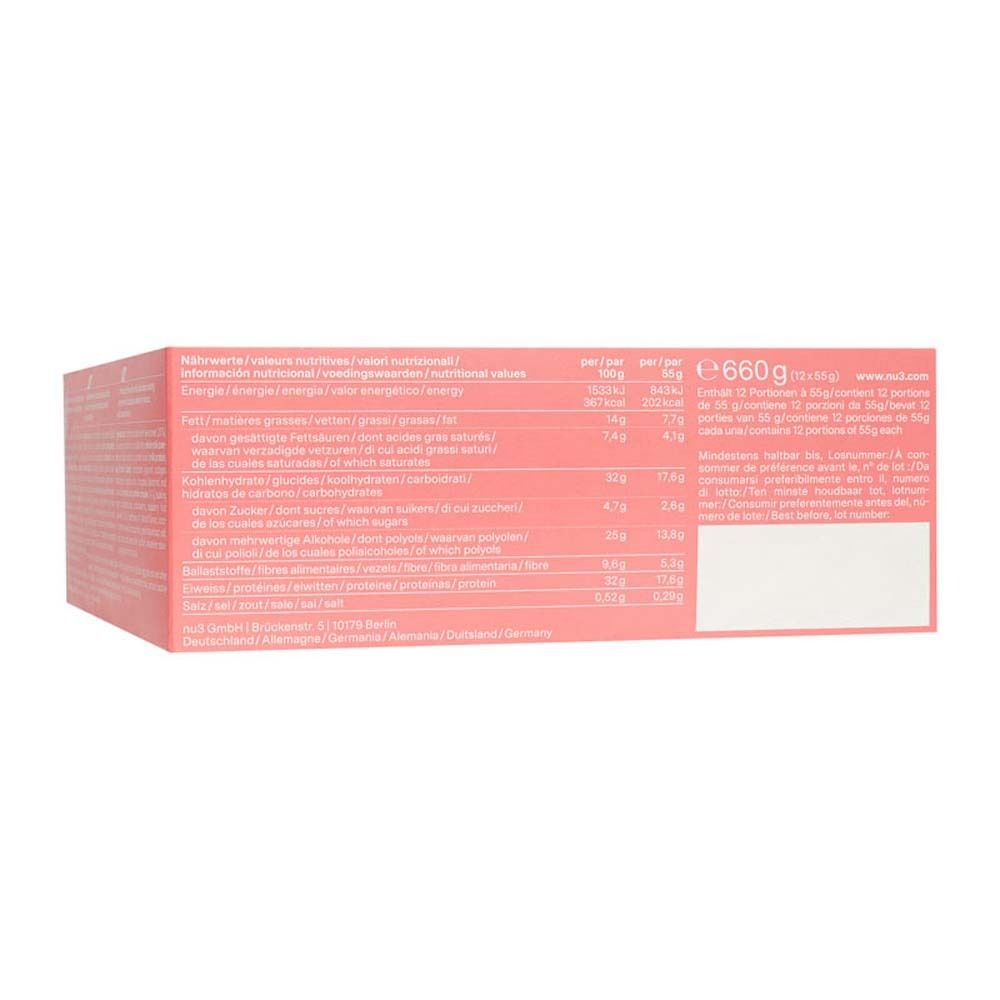 Retro della confezione rosa con testo. Informazioni nutrizionali, testo in tedesco, inglese e francese.