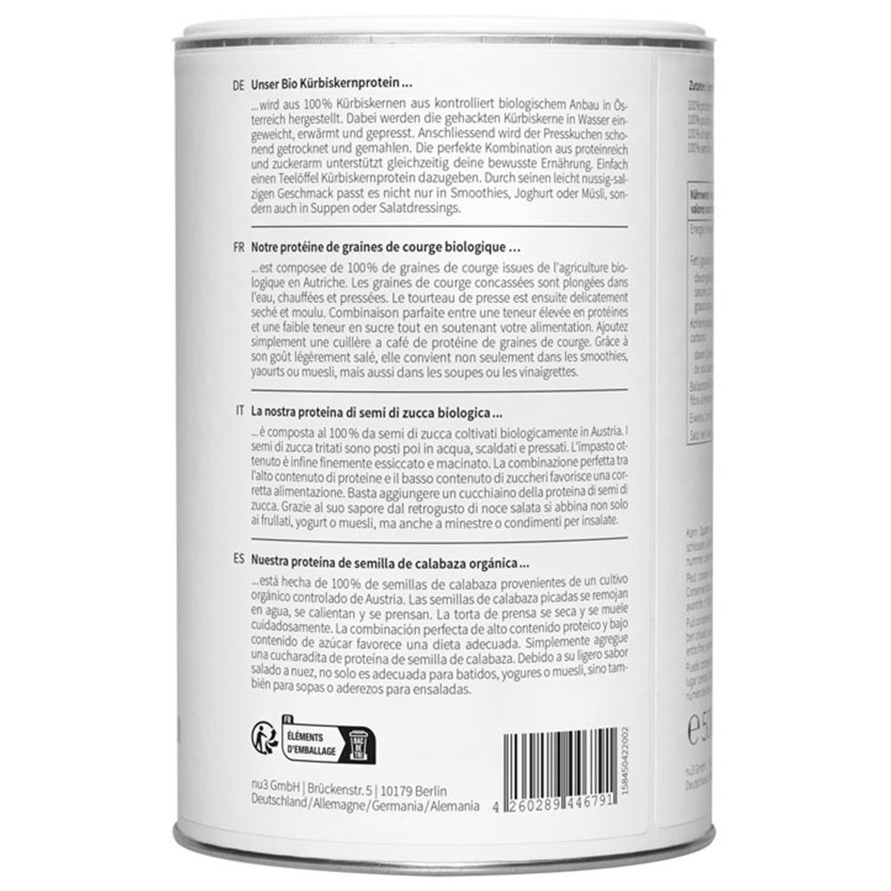 Barattolo cilindrico con testo. Scritta: nu3 Kürbiskernprotein. Retro con testo multilingue.