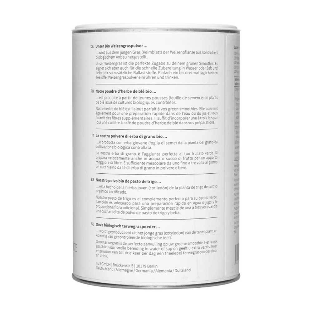 Retro di un barattolo di nu3 Bio Weizengras in polvere. Testo in tedesco, francese, italiano e olandese. Descrizione del prodotto.