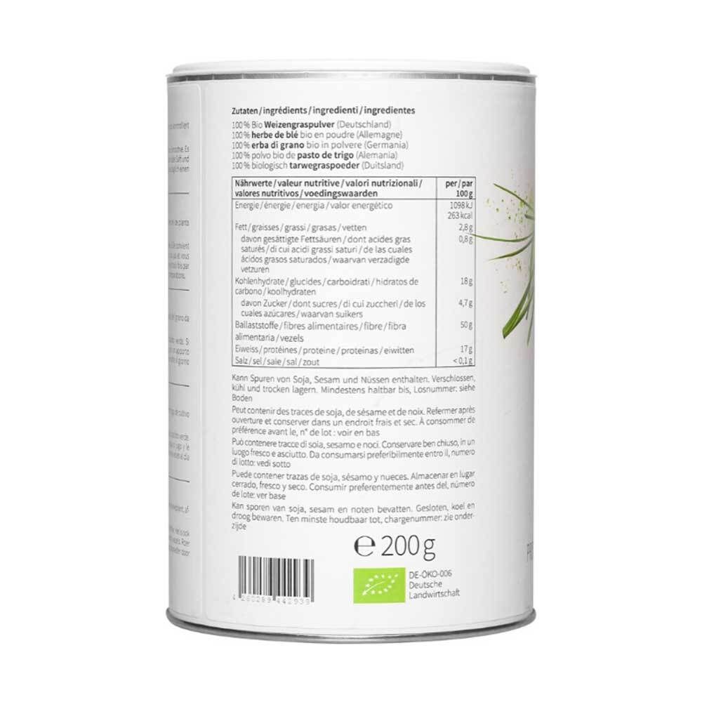 Retro di un barattolo di nu3 Bio Weizengras in polvere. Informazioni nutrizionali e lista ingredienti. Sigillo biologico.
