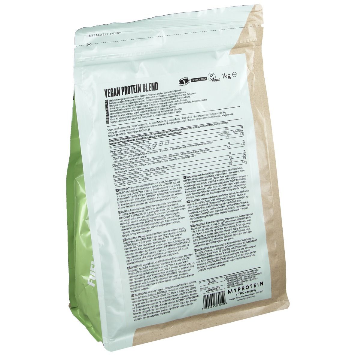 Retro del sacchetto Myprotein Vegan Protein Blend con informazioni nutrizionali e certificazioni.